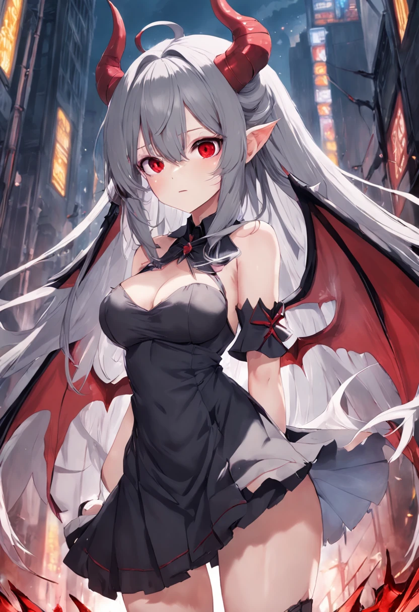 Dull hair, gray hair，Red eyes，long whitr hair，demonic horns，Broken maid outfit，Adult body type，The breasts are very full，Very cute，There are tears in the eyes，There are demon wings behind it，There was a little blood on his body，8K，No missing hands，Look into the camera，Empty eyes，Dynamic，Background of destroyed cities