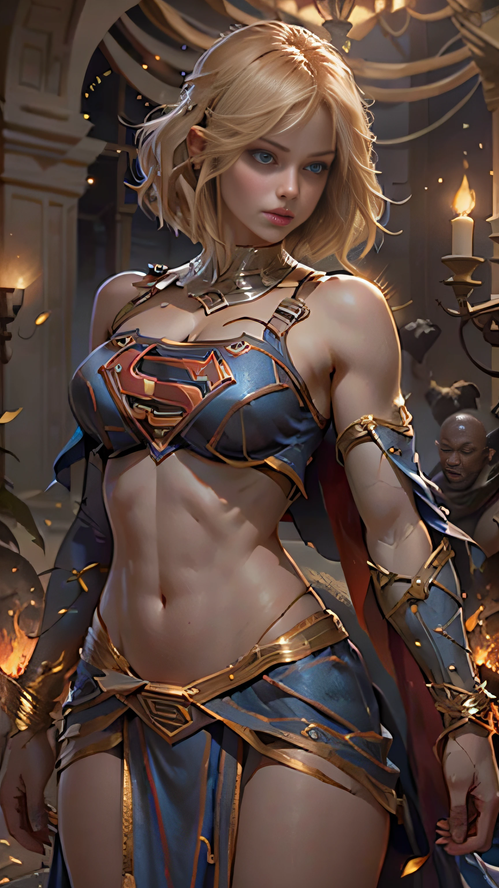 Beautiful woman short hair defined body big breasts, blue color eyes, Dressed Supergirl cosplay.