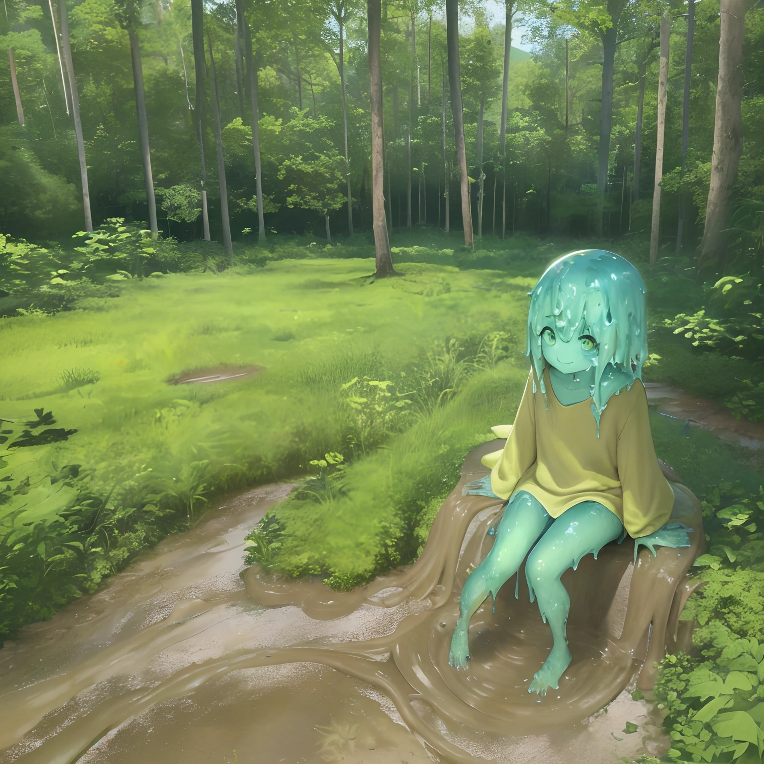 1girll, Solo, No clothes,Slime girl, mud ground \(substance\), Blue skin, (Green hair:1.2), , Sitting, Outdoors, forest, view the viewer, Smile