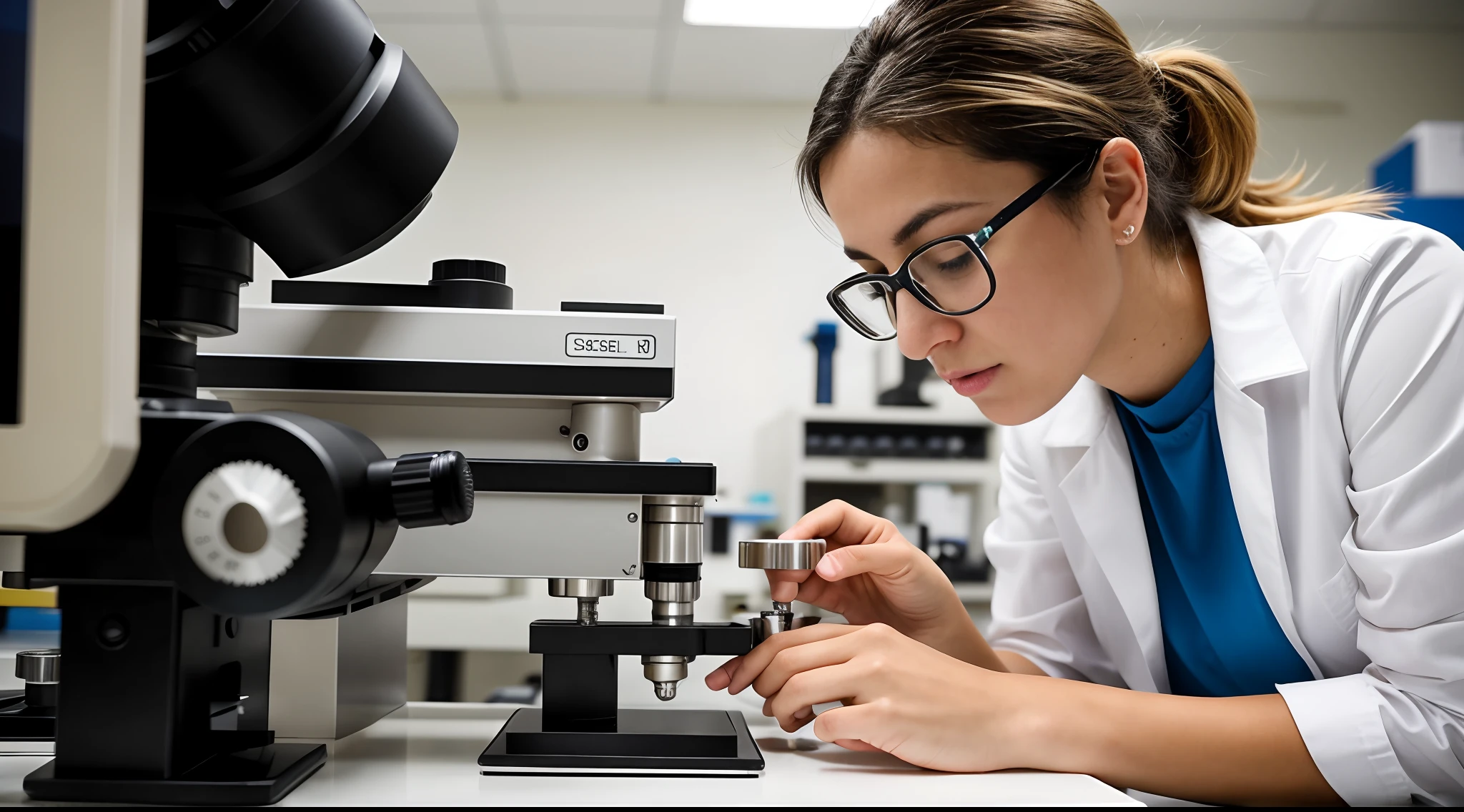 instagram photo, a female researcher engrossed in her work, examining samples under a microscope, focused, precise