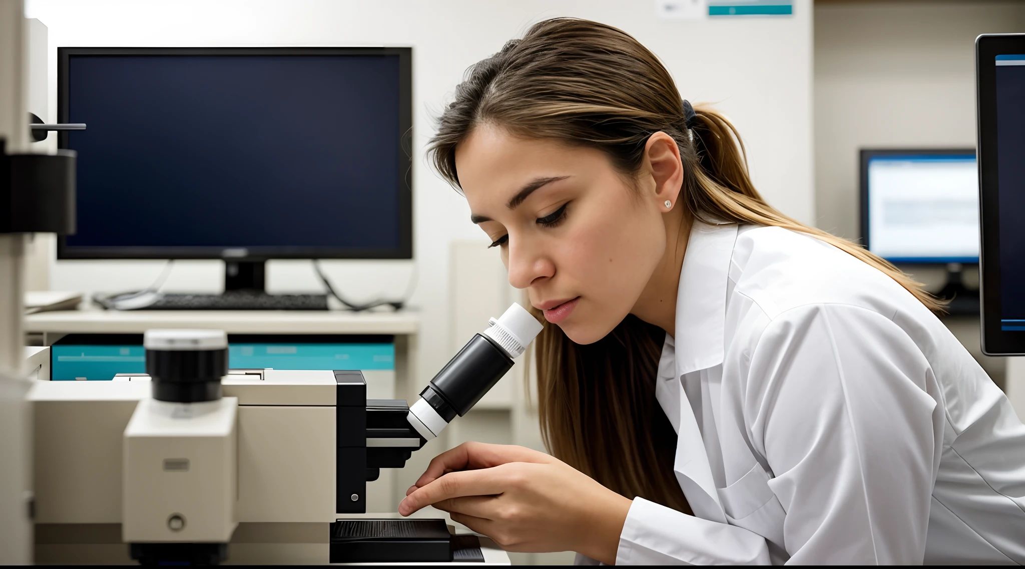 instagram photo, a female researcher engrossed in her work, examining samples under a microscope, focused, precise