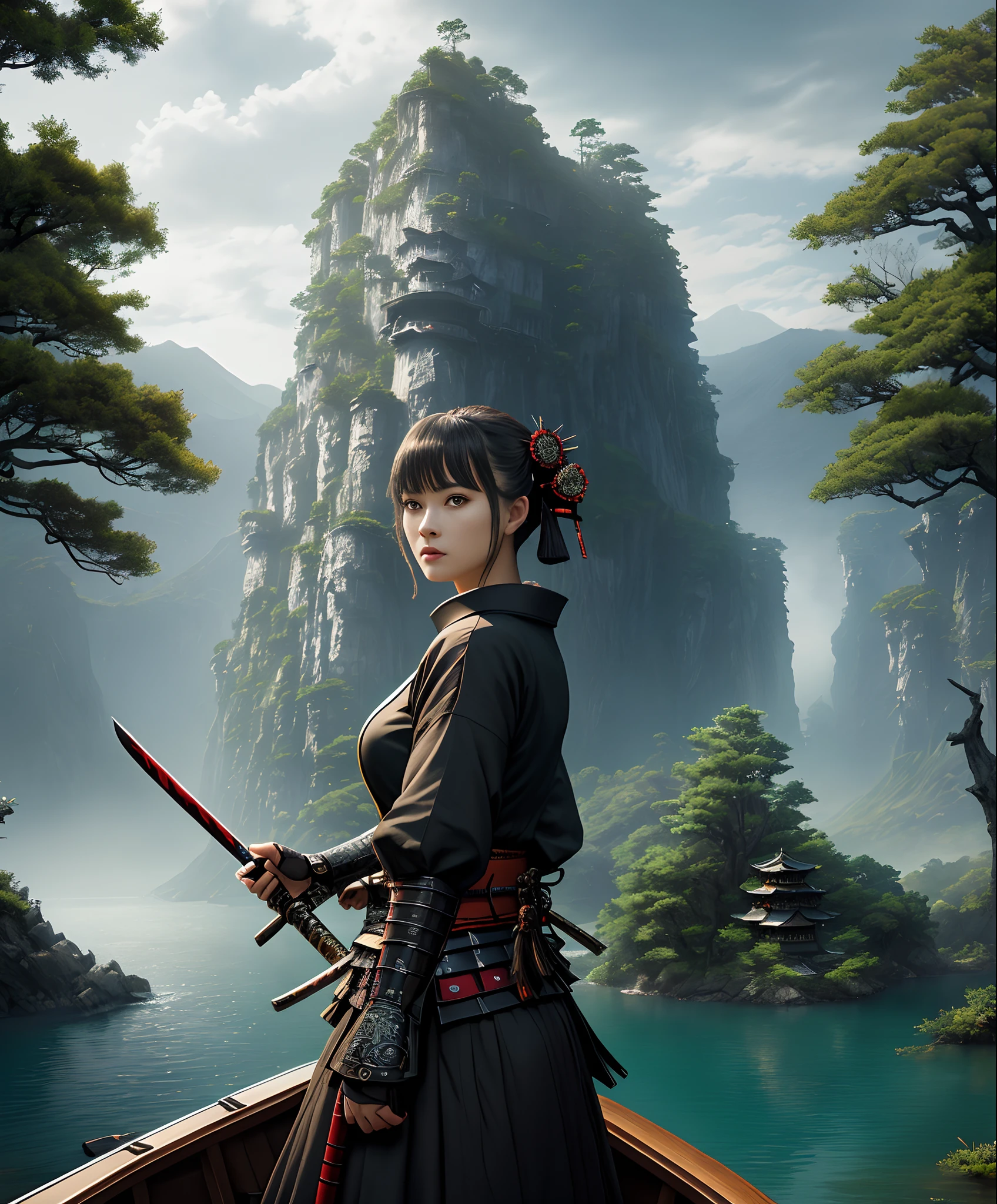 (epic style), fantasy scene, ultra realista, ((1 murderous girl with sabers and samurai dress on a boat)), (Enfoque detallado de la cara), (Ultra-detailed cinematic environment), Hermoso lago, Detailed trees and shrubs, natural lighting, Ambiente relajante