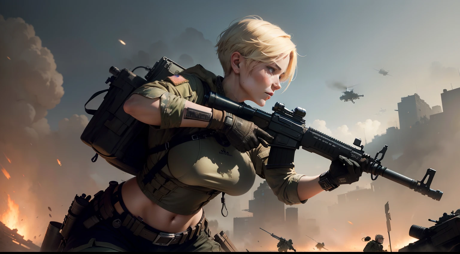 samdoesarts;  an image of woman with short blonde hair, with military gear, cargo pants, (intricate), (detailed), digital art,  dynamic pose, in a battlefield  by Jeremy Mann, matth�us merian the elder, Pino Daeni, robert rauschenber, by beksinski