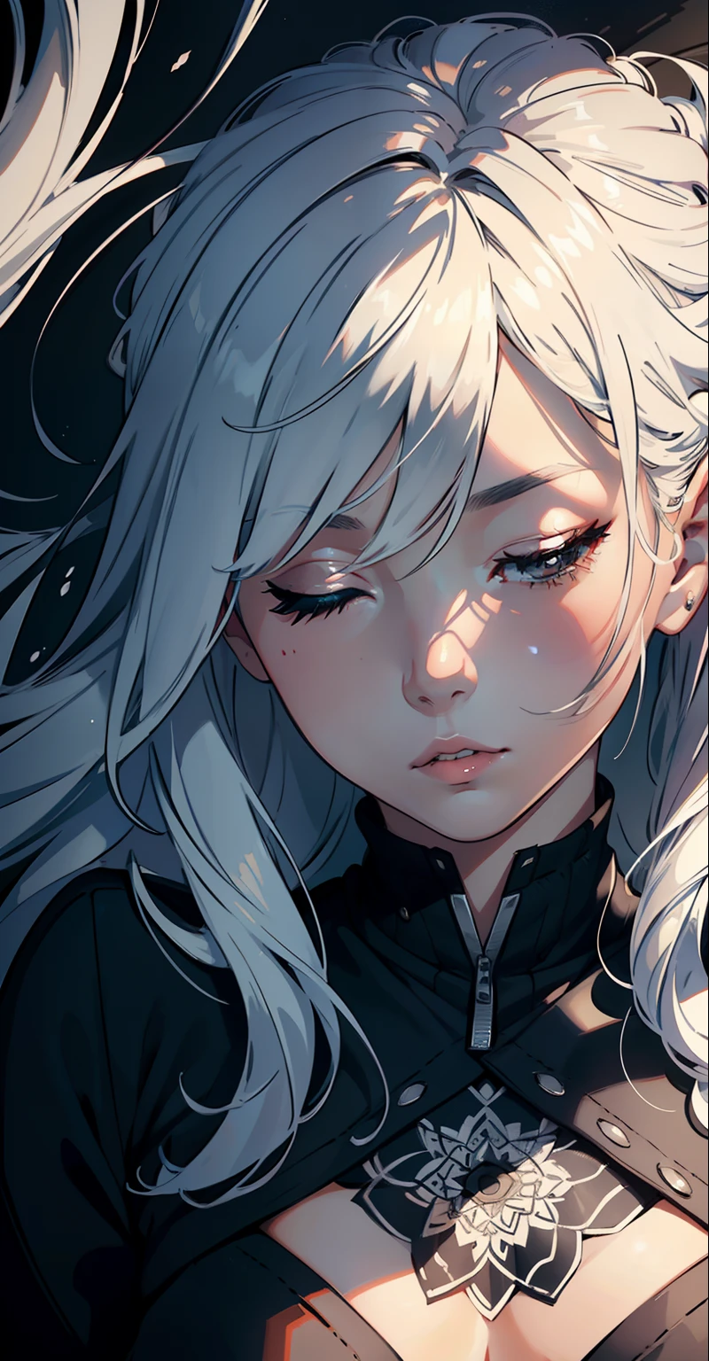 (8k, RAW Photo, Best Quality, Masterpiece: 1.2), (Extremely Detailed CG, Ultra Detailed, Best Shadow: 1.1), 1girl, Ground, Upper Body, Paint, Drawing, Paper Texture, Ultra High Resolution, ((extremely detailed face)), flat color, limited palette, low contrast, mature women, best lighting, sweater, sleeping, sleeping beauty, closing eyes, black eyeliner, a girl falling through the air, clouds, hair in the wind, mouth closed, white hair , white:1.6, (zentangle, mandala, tangle, tangle:1),
INFO