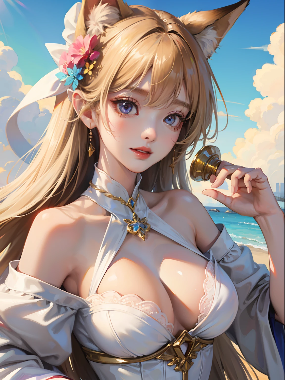 masutepiece, High resolution, 8K, anime woman, Delicate and detailed writing 、Detailed digital illustration、Very long hair and shiny、a very beautiful woman、Eyes are double, Large, Slender eyes、Bust is D cup、High image quality, High quality、Detailed background、I'm wearing a hair ornament.、Glittering background、The inside of the eye shines like a diamond、4 fingers, 1 thumb、Detailed female face、Smile、Very beautiful and cute woman、a blond、Fox ears、Rainbow on background、细致背景、masterpiece、Soft Focus , Bright gradient watercolor , Lens Flare , Glitter , Glow , Dreamy , Very clear and beautiful morning sky background、Swimsuit、Pass mayonnaise