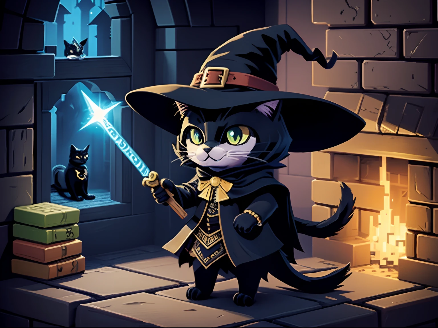 8 bit game art, witch, black cat, magic release, wand, witch hat, many block, side scrolling game, classical quality,