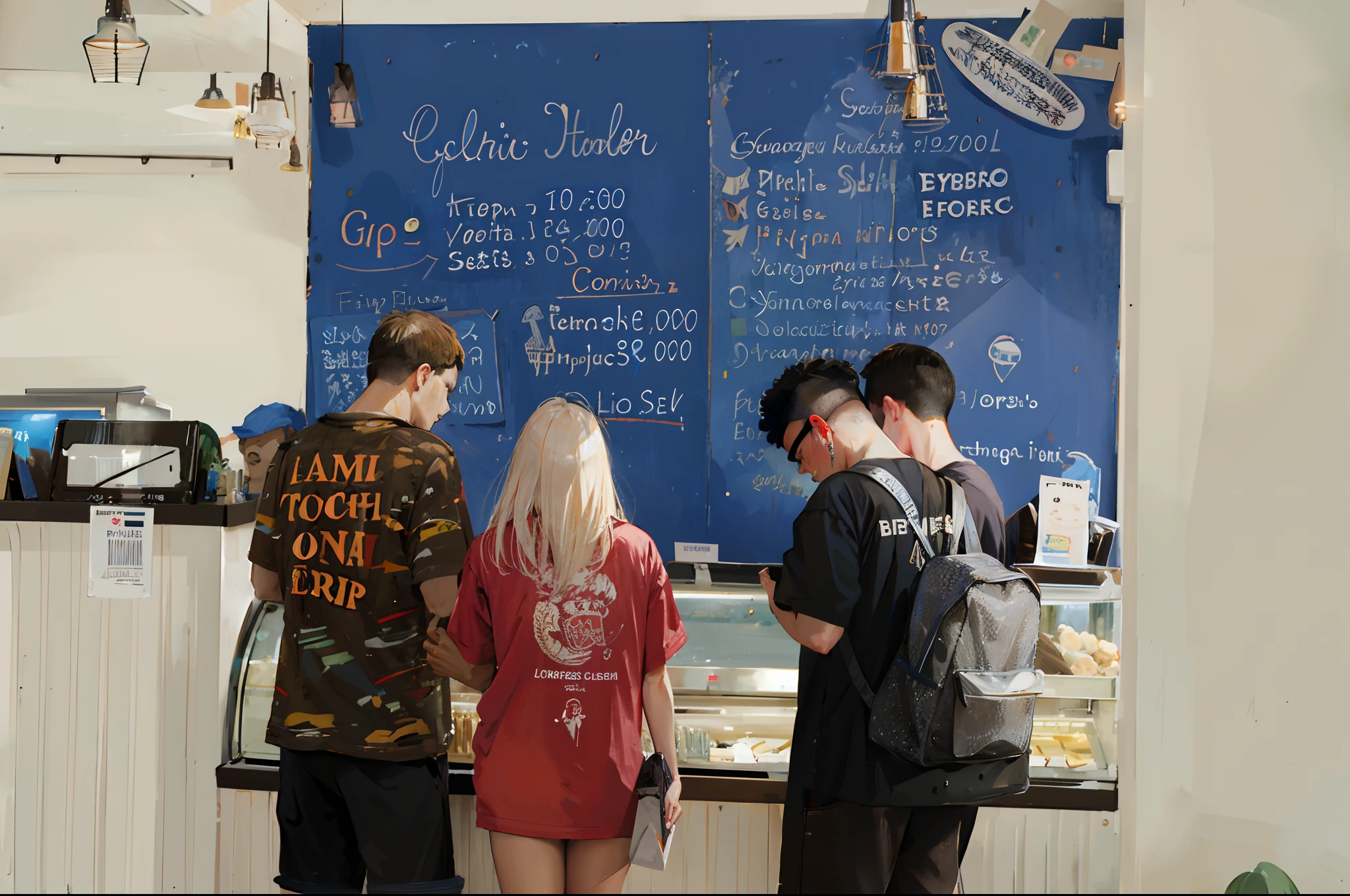 people standing in line at a counter in a restaurant, at the counter, nostalgic atmosphere, looking off to the side, candid shot, nostalgic feeling, set on singaporean aesthetic, nostalgic vibes, vibrant aesthetic, taken in the late 2010s, by Judith Gutierrez, by Hannah Tompkins, california;, by Juliette Wytsman, ice cream on the side