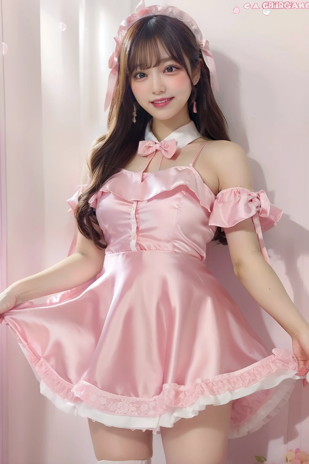 Idol、Pink satin fabric、busty girl