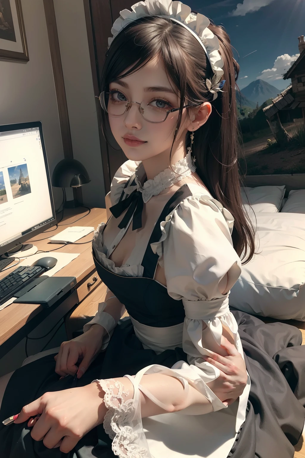 A fusion of rural fantasy and modern technology, Highly detailed, art  stations, Colorful, interesting background，the maid outfit，Flame it up，a matural female，rimless eyewears，Lie down in bed