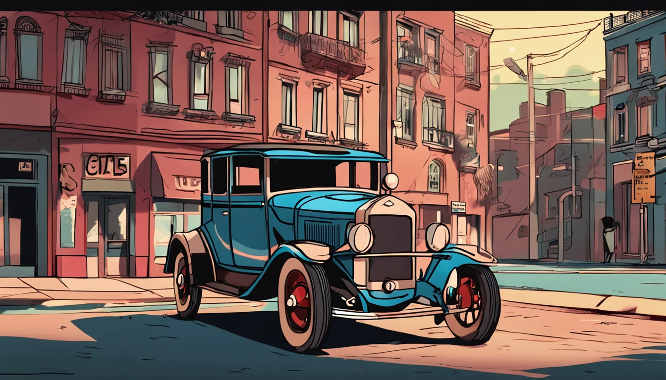there is a cartoon old car retro futuristic parked on the side of the road, 1929, 1 9 2 8, vintage car, 1 9 3 1, 1 9 2 5, 1925, vintage cars, 1 9 3 0, 1930, 1 9 2 7, 1 9 2 4, 1924, a wide full shot.  illustration. realist. 2d. mega man game style.