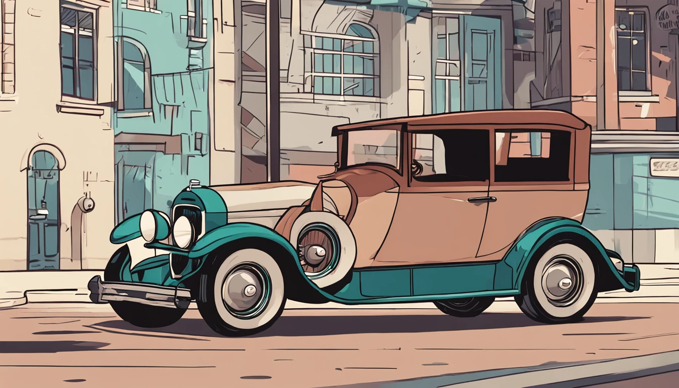 there is a cartoon old car retro futuristic parked on the side of the road, 1929, 1 9 2 8, vintage car, 1 9 3 1, 1 9 2 5, 1925, vintage cars, 1 9 3 0, 1930, 1 9 2 7, 1 9 2 4, 1924, a wide full shot. illustration. realist. 2d. mega man game style.