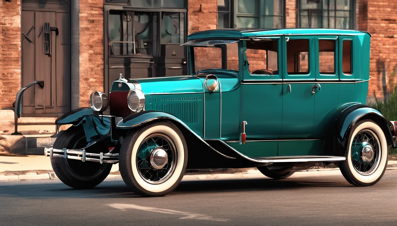 there is a cartoon old car retro futuristic parked on the side of the road, 1929, 1 9 2 8, vintage car, 1 9 3 1, 1 9 2 5, 1925, vintage cars, 1 9 3 0, 1930, 1 9 2 7, 1 9 2 4, 1924, a wide full shot.  illustration. realist. 2d. mega man game style.