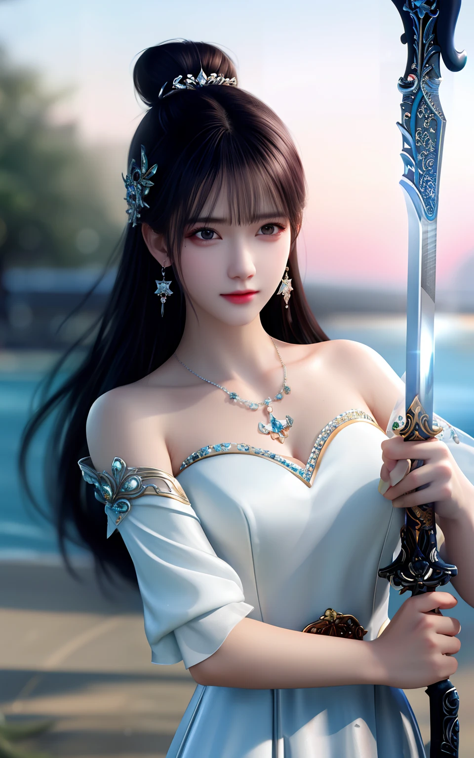 best quality,masterpiece,highres,cg,
1girl,weapon,sword,long hair,dress,water,solo,jewelry,white dress,earrings,hair ornament,splashing,upper body,hair bun,black hair,
lighting,candid,Photograph,high resolution,4k,8k,Bokeh,