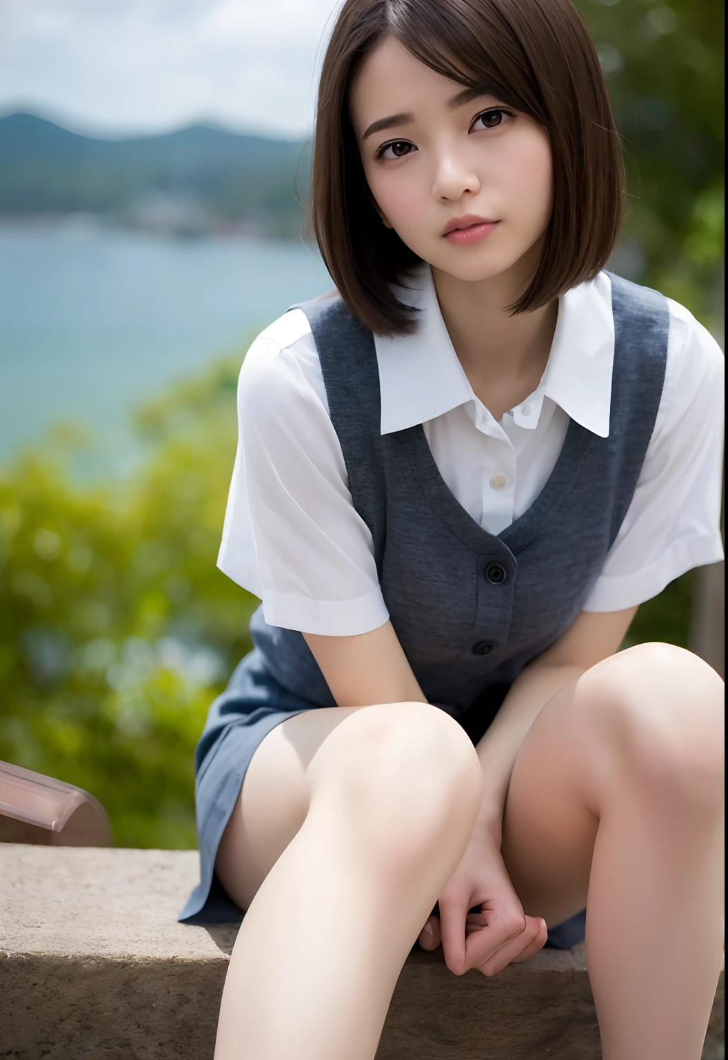 (Raw photography、top-quality)、female pervert(masterpiece:1.4)、(8K、realisitic、Raw photo、top-quality:1.4)、japanes、(1girl in)、beauitful face、(Real Face:1.4)、(Caramel hair、Bob Hair Hair:1.3)、Beautiful hairstyle、realisticeyes、Beautiful Detail Eye、(Real Skin:1.3)、Beautiful skin、enticing、超A high resolution、A hyper-realistic、high-detail、the golden ratio、(详细的脸:1.4)、high-school uniform、Cotton white underwear and pleated skirt、knee-bendings sitting、tiptoe、bare-legged、NSFW、 Pose(Bend your knees and open your legs)、(showing the panty)、realisitic、Photorealsitic:1.3)、top-quality、masterpiece、extremely delicate and beautiful、A highly detailed、nffsw、A sense of unity、2k wallpaper、magnifica、Beautiful in every detail、masterpiece、浅笑、top-quality、Highly detailed ticker Unity 8K wallpapers、huge filesize、ultra-detailliert、hight resolution、ighly detailed、Slim body、A slender、(Bob Hair Hair)、(brown haired)、looking at viewert、Normal、C Cup、NSFW、、、、PureFace_v1:0.8. High Girl、shortsleeves、White Short Sleeve Cutter Shirt、Dark blue pleated skirt、Panties are perfectly visible from the skirt、Sitting on the harbor breakwater、