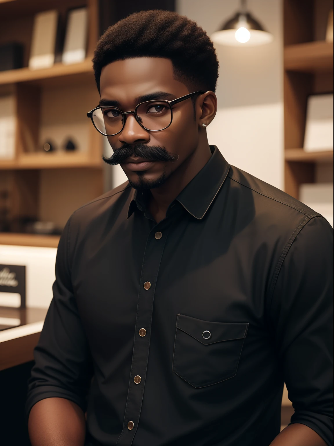 black man with mustache and glasses, at shopee