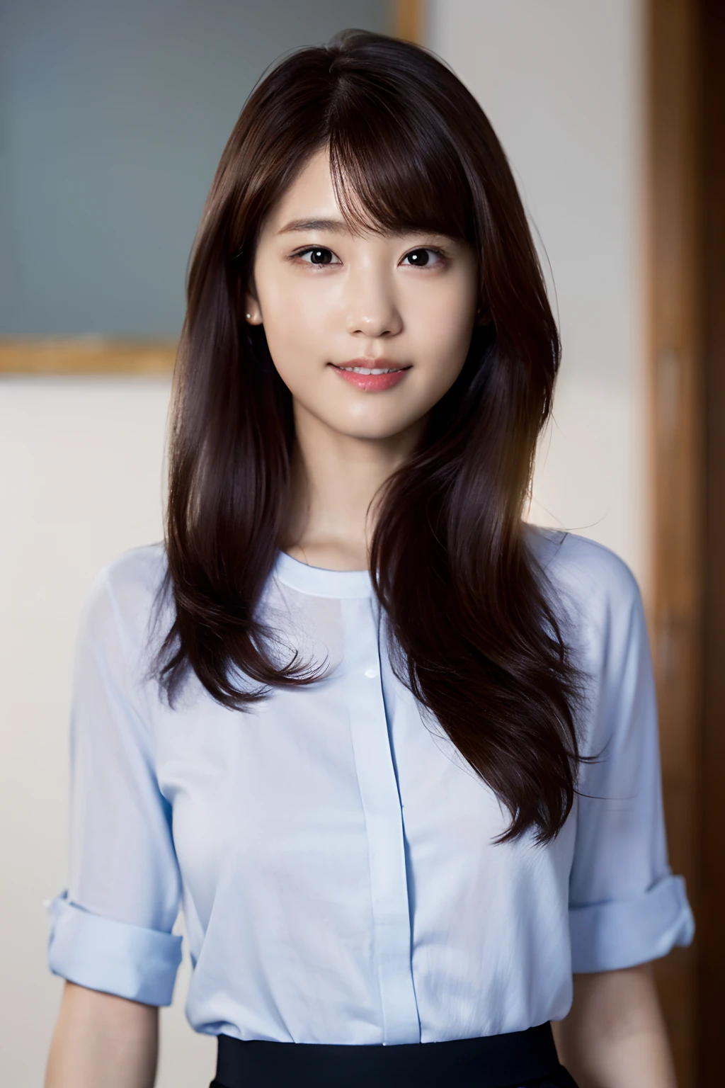 (8k, RAW photo, best quality, masterpiece:1.2), (realistic, photo-realistic:1.37), ultra-detailed, ultra high res,1 girl,looking at viewer,beautiful detailed face,smile,narrow,(slim waist:1.3),shirt, beautiful detailed skin, skin texture, floating hair,professional lighting,