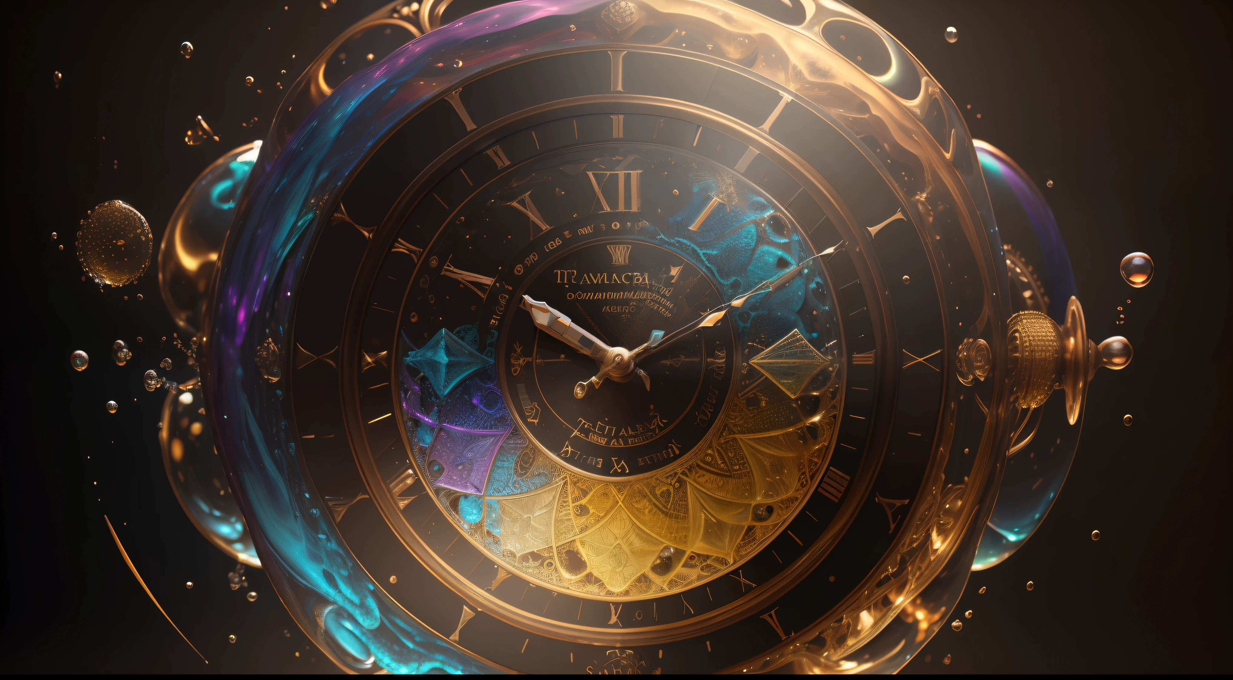 (( interior de un reloj antiguo, engranajes, balancines, ruedas dentadas, de metal dorado mate, con patina, )) ,( en el fondo de la imagen y adheridas al mecanismo del reloj y a su alrededor y en el fondo hay salpicaduras multicolores y gotas congeladas multicolores , tornados de gotas multicolores, brillos tornasolados todos en el estilo del arte de Alberto Severo, bring liquid droplets to life in a symphony of textures and colors) , digital photography ,cinematic lighting gran acercamiento ,Trabajo hiperrealista, efectos 3D, Ultra HD, obra de arte magistral ,16k Arte digital 4K altamente detallado, Pintura digital intrincada, Arte digital detallado 4K,Esta cautivadora pantalla, skillfully crafted with the animation capabilities of Cinema 4D,. The final composition, Enriched with gamma correction and tone mapping techniques,