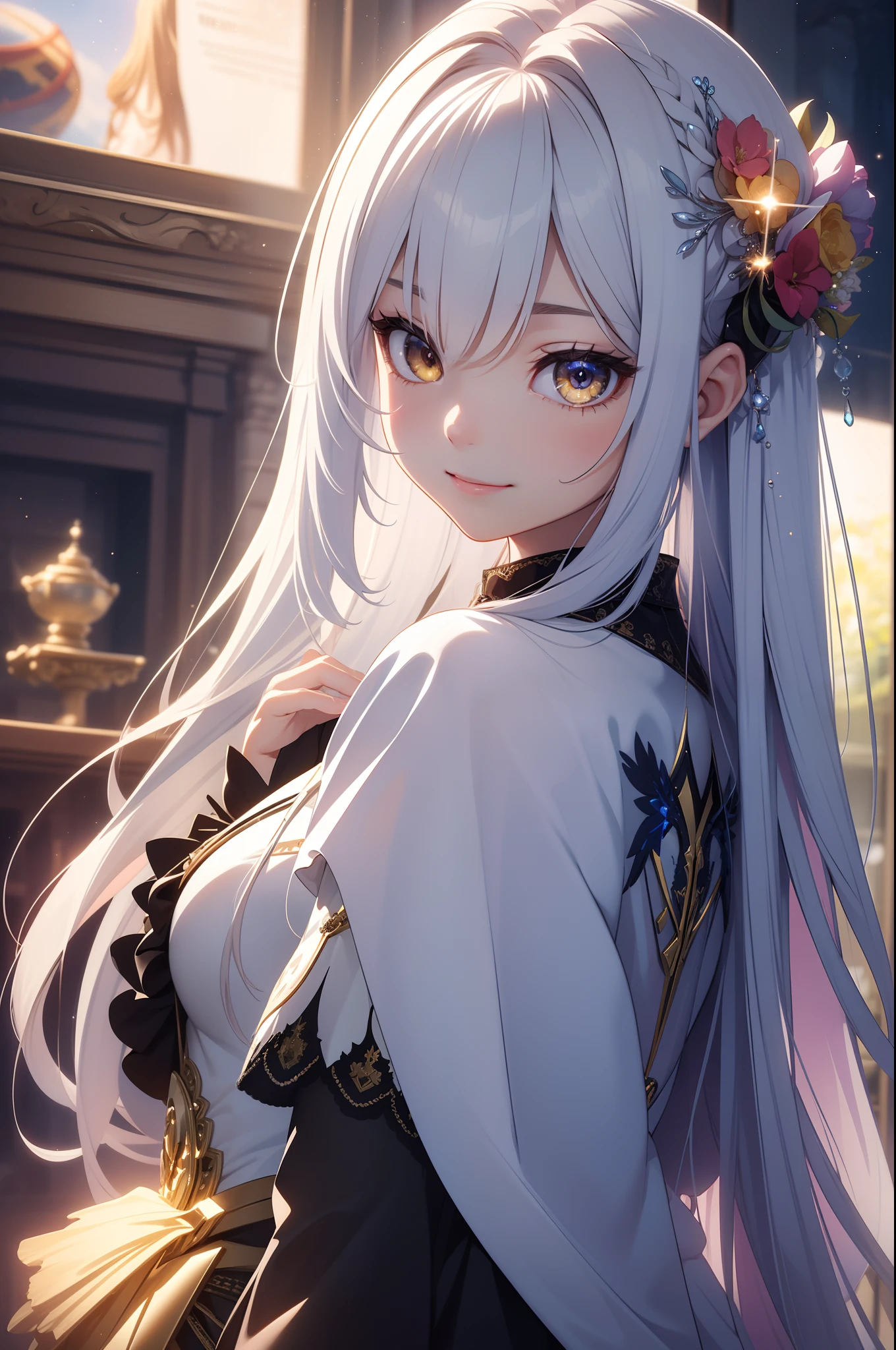 (masterpiece、top-quality、top-quality、Official art、lightly detailed、Beautifully Aesthetic:1.2)、(1girl in)、(Fractal Art:1.3)、very long hairstyle、silver hair color colorful、large yellow cristal eyes, from above SHOT, face shot, looking to the viewers above, smiling face, meaningful expression, wearing casual attire、anime, gorgeous colorful light detail、Intuitive、sharp、Precise focus、insta photo、photo of the year、cinema4d、Dramatic、(3D), back light, sparkles, full of colorful light,
