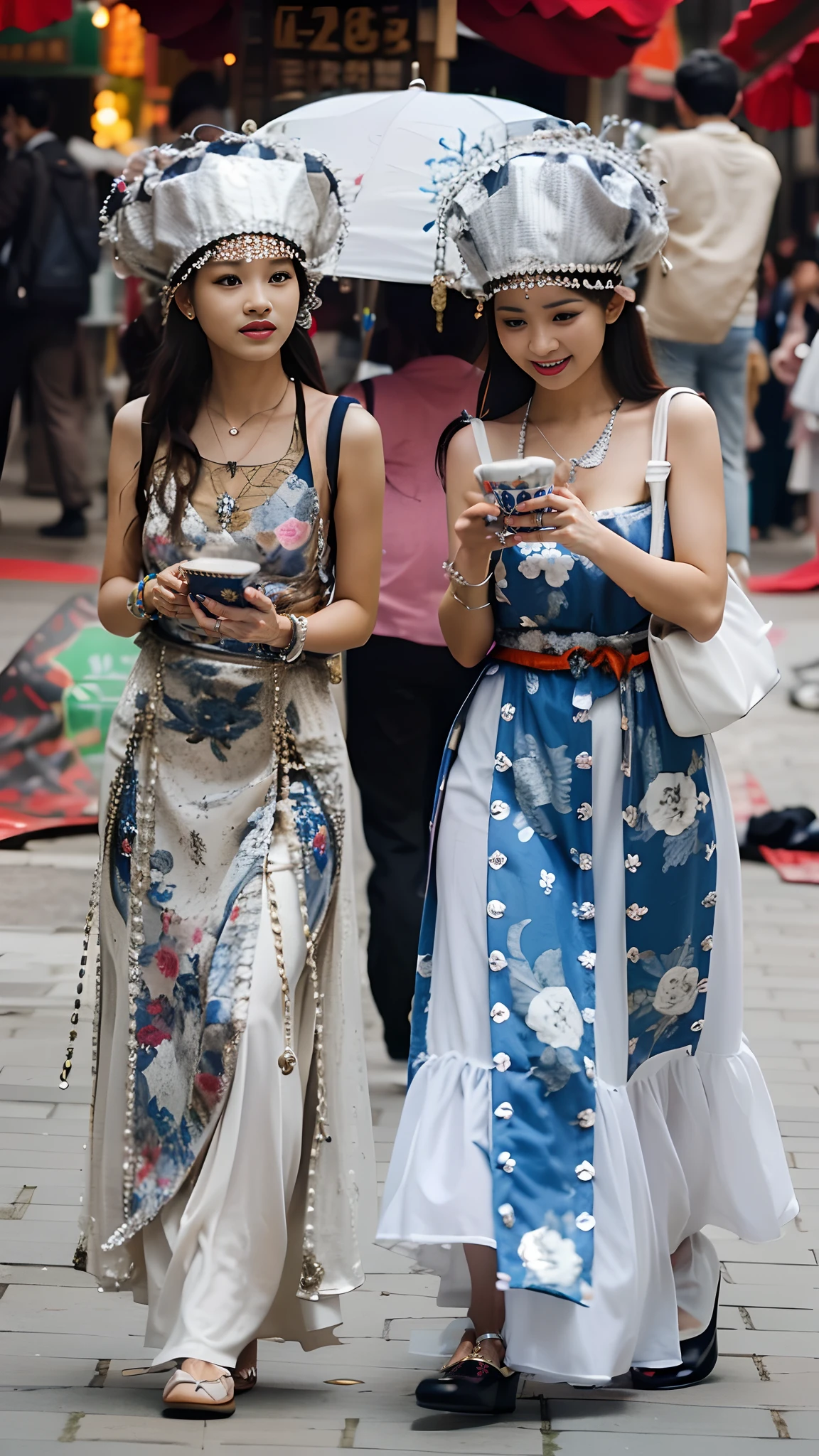 2 girls,Wear traditional clothing,silver trinkets,ssmile