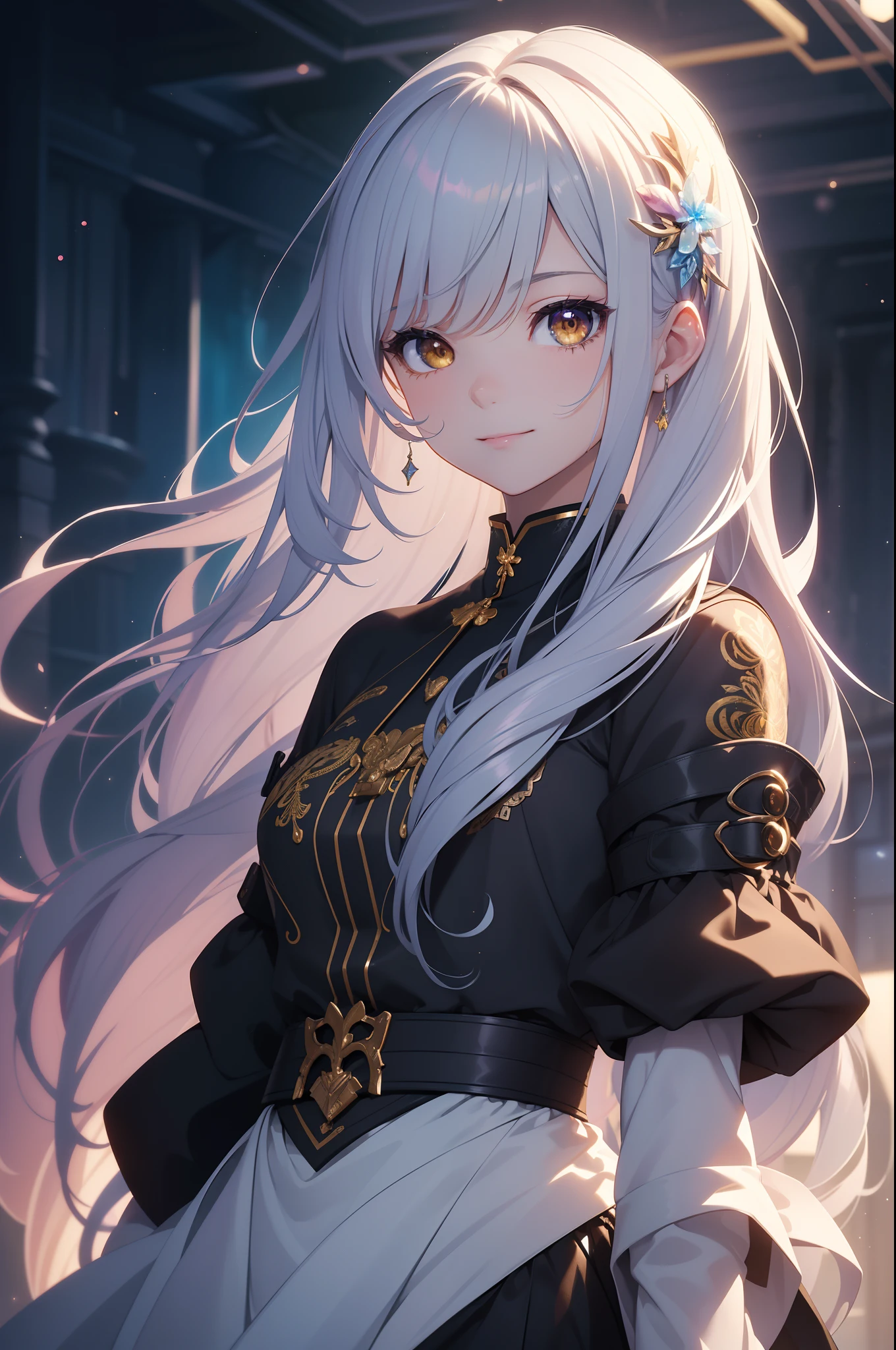 (masterpiece、top-quality、top-quality、Official art、lightly detailed、Beautifully Aesthetic:1.2)、(1girl in)、(Fractal Art:1.3)、very long hairstyle、silver hair color colorful、large yellow cristal eyes, from above SHOT, face shot, looking to the viewers above, smiling face, meaningful expression, wearing casual attire、anime, gorgeous colorful light detail、Intuitive、sharp、Precise focus、insta photo、photo of the year、cinema4d、Dramatic、(3D), back light, sparkles, full of colorful light,