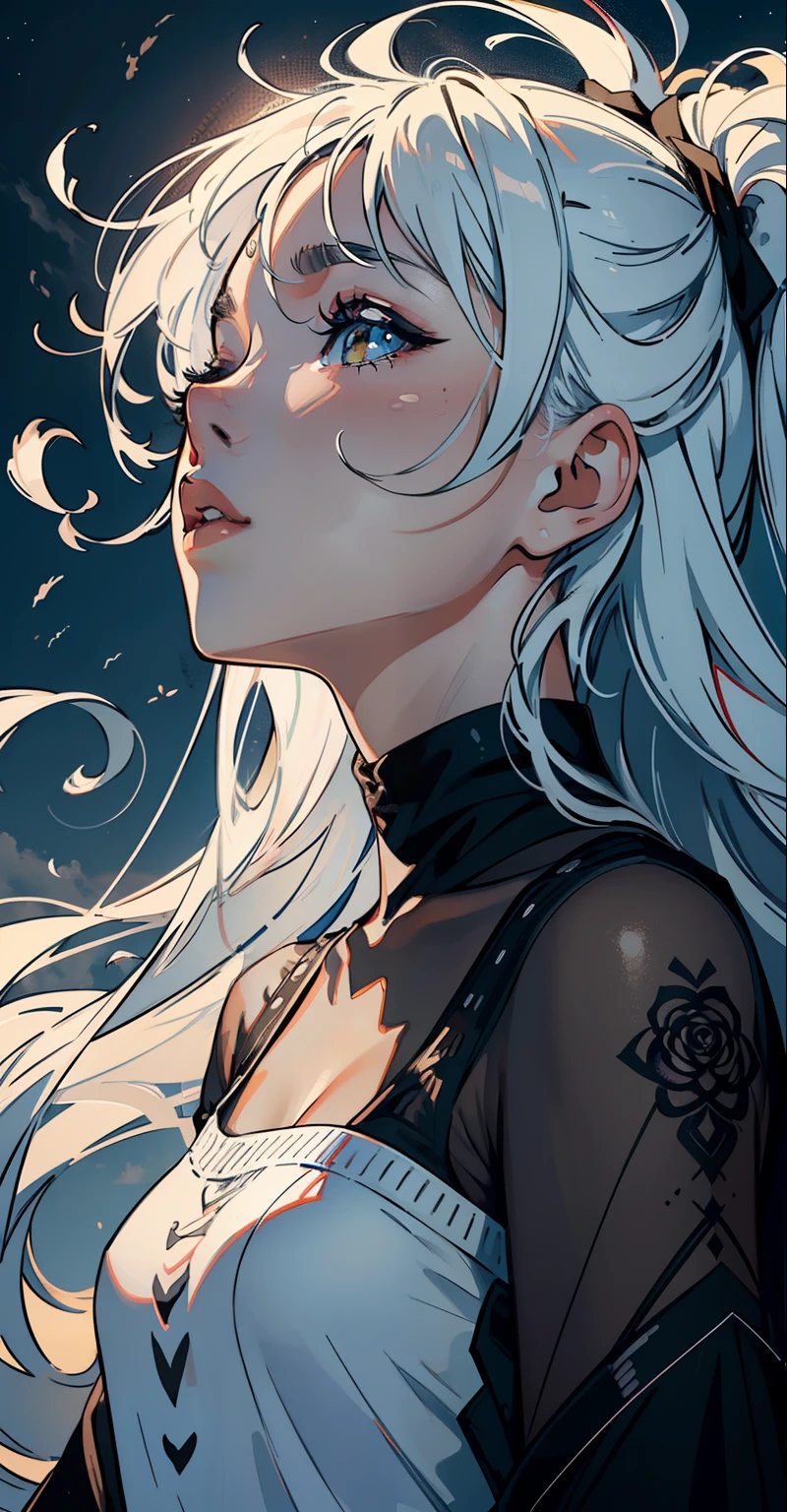 (8k, RAW Photo, Best Quality, Masterpiece: 1.2), (Extremely Detailed CG, Ultra Detailed, Best Shadow: 1.1), 1girl, Ground, Upper Body, Paint, Drawing, Paper Texture, Ultra High Resolution, ((extremely detailed face)), flat color, limited palette, low contrast, mature women, best lighting, sweater, sleeping, sleeping beauty, closing eyes, black eyeliner, a girl falling through the air, clouds, hair in the wind, mouth closed, white hair , white:1.6, (zentangle, mandala, tangle, tangle:1),
   INFO