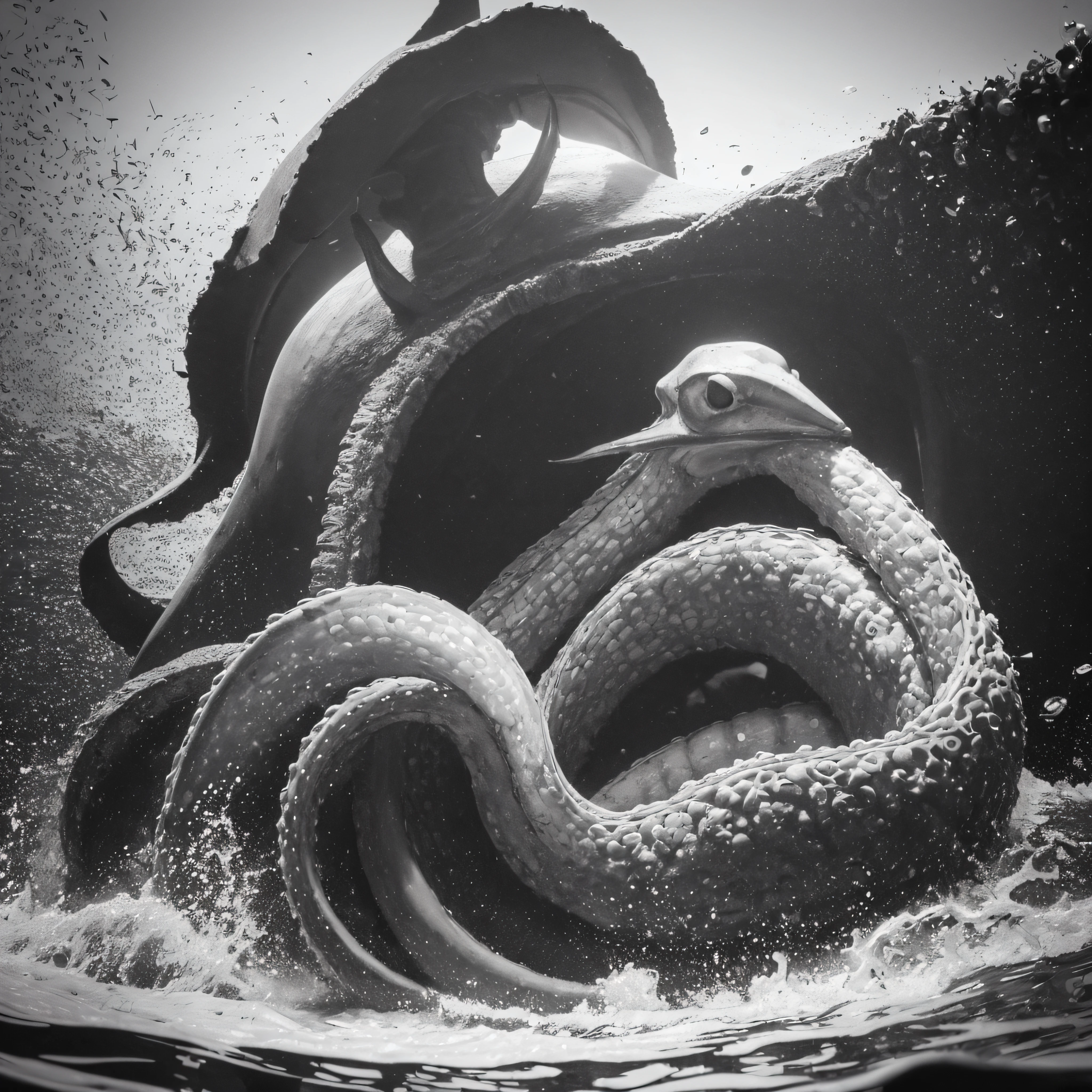 (extremadamente detallado, obra maestra, La mejor calidad, Under the Ocean), Estilo oscuro, volumetric illumination. armadura medieval, rostro con arrugas, lengua larga, tentacle, deforme, imagen submarina vista desde el exterior, pico de pulpo amenazante. manchas de tinta. Rococo composition. Luz de caravaggio