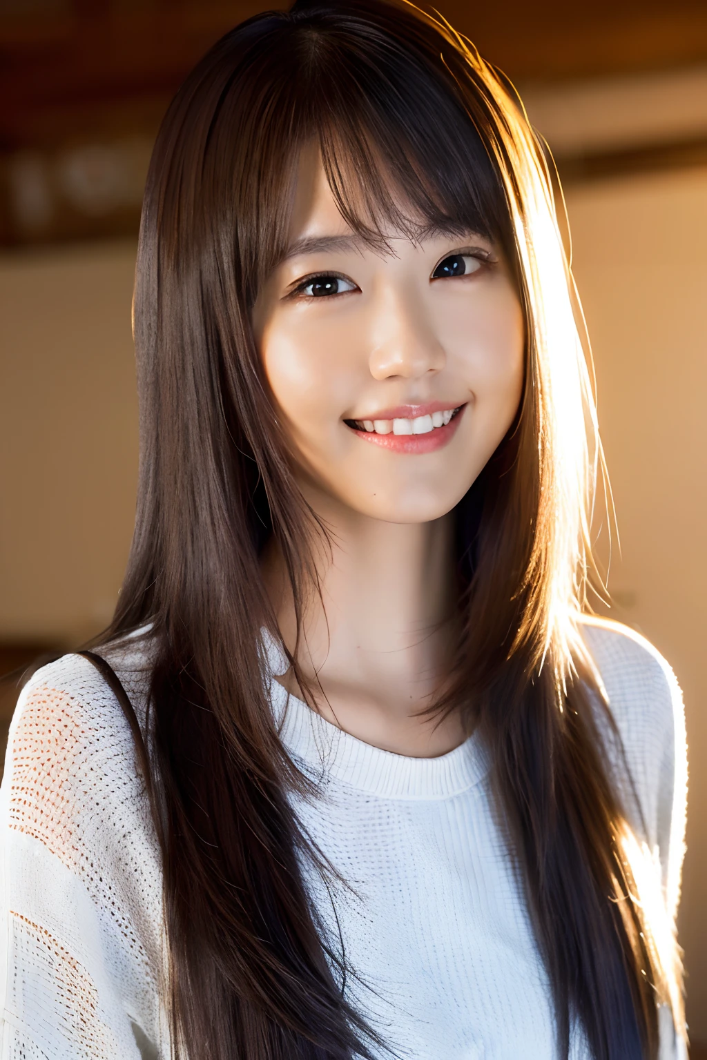 (8k, RAW photo, best quality, masterpiece:1.2), (realistic, photo-realistic:1.37), ultra-detailed, ultra high res,1 girl,looking at viewer,beautiful detailed face,smile,narrow,(slim waist:1.3),shirt, beautiful detailed skin, skin texture, floating hair,professional lighting,