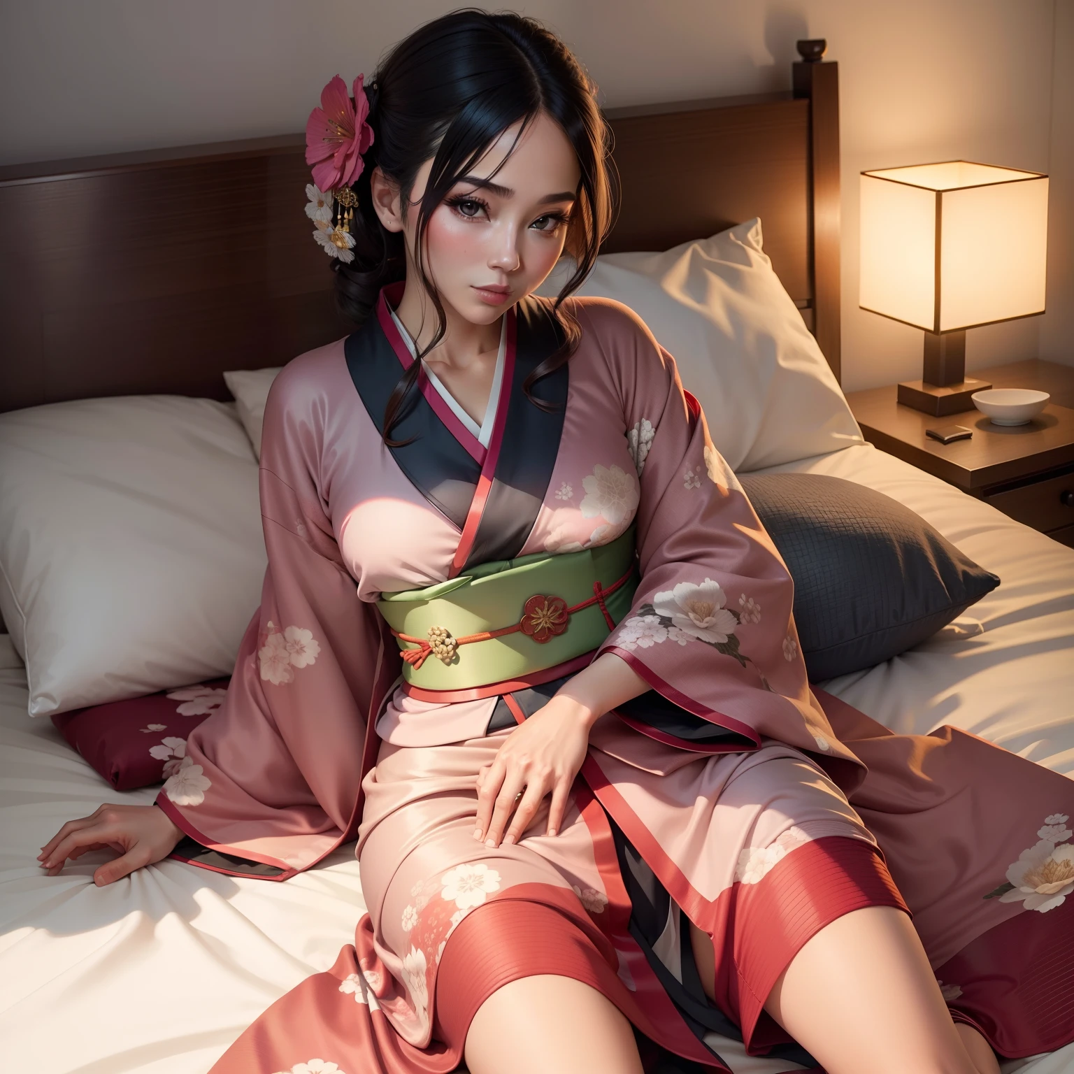 Best Quality, masutepiece, Photorealistic, High resolution, 8k RAW photo, 
1 woman, 25-years old, sleeping on the tatami mats, Yukata, The front of the yukata is exposed, Reveal chest and legs,
 (Japanese-style room, Matami Mat), ( From  above, From the outside, Medium Full Body Shot)