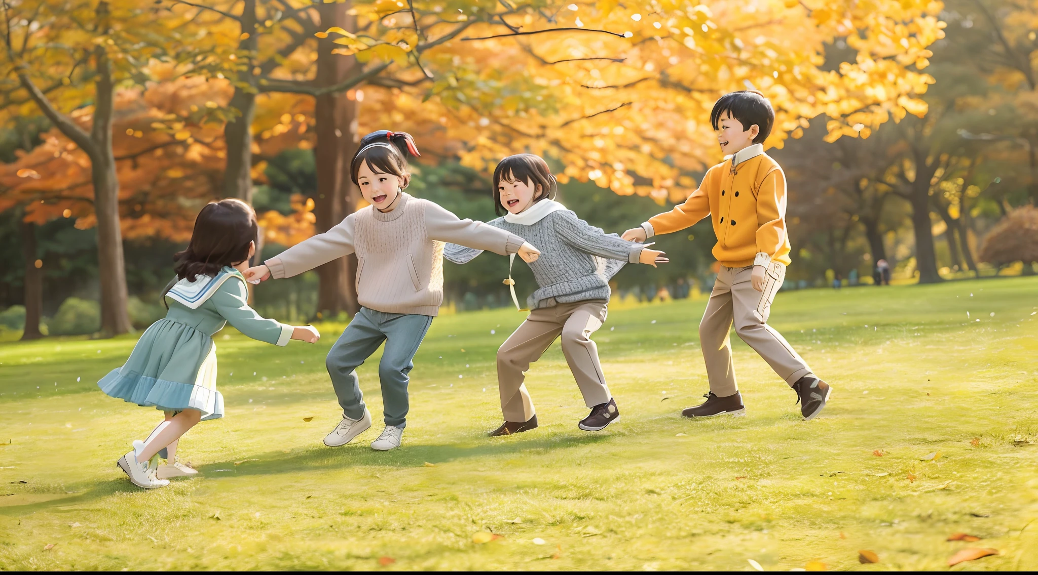 There are three children playing together in a park with trees, Kids playing, warm and joyful atmosphere, children's, fall season, is playing happily, Children, families playing, everyone having fun, um dia ensolarado, is playing happily, twirl, kid, Gamine, Award - Winning, Award-winning, adolable, fall season, Beautiful image, Brilliant
