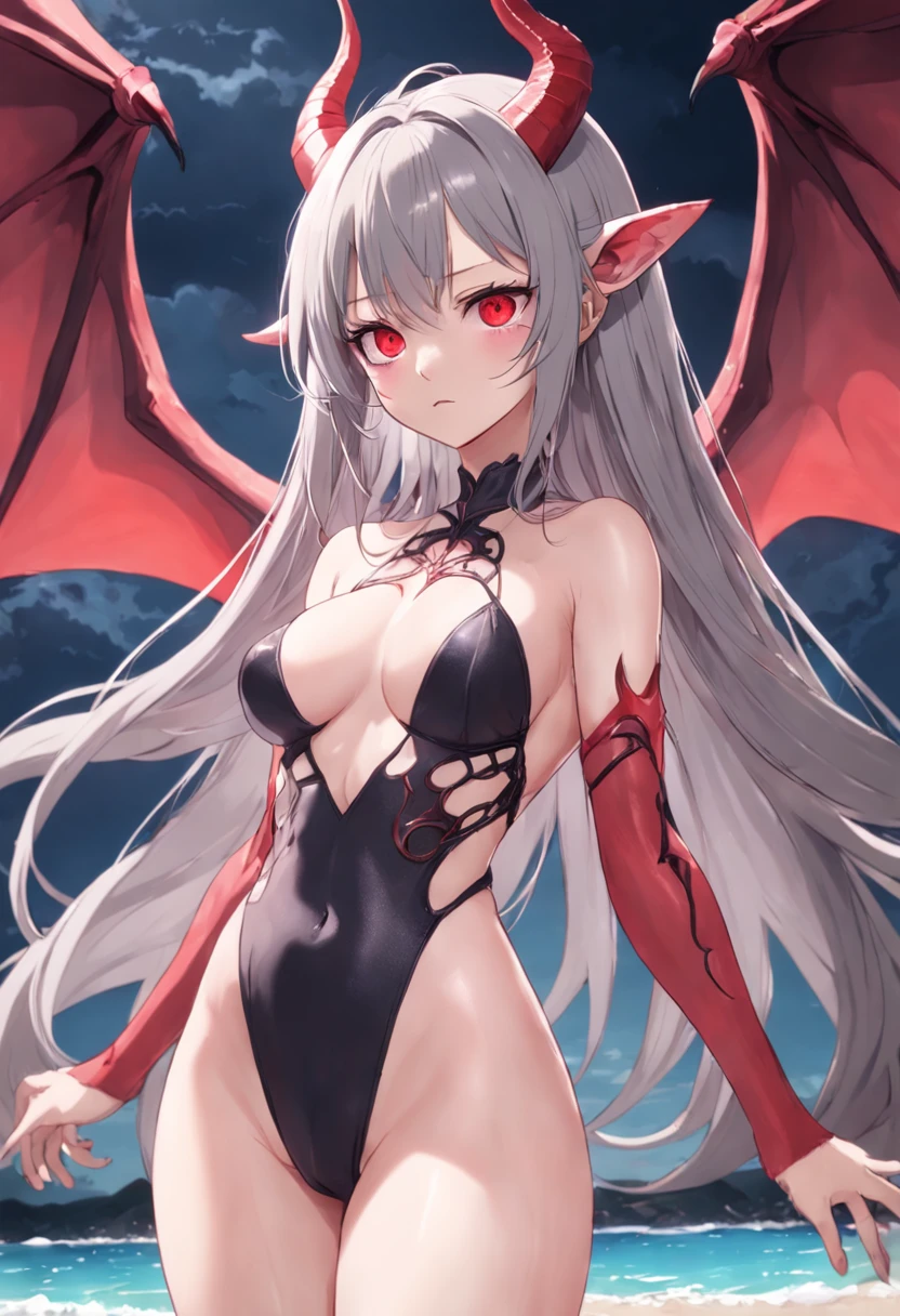 Dull hair, gray hair,Red eyes,long whitr hair,demonic horns,Lace-trimmed pink swimsuit,Adult body type,The breasts are very full,Very cute,There are demon wings behind it,8K,No missing hands,Look into the camera,Empty eyes,Dynamic,Background sandy beach