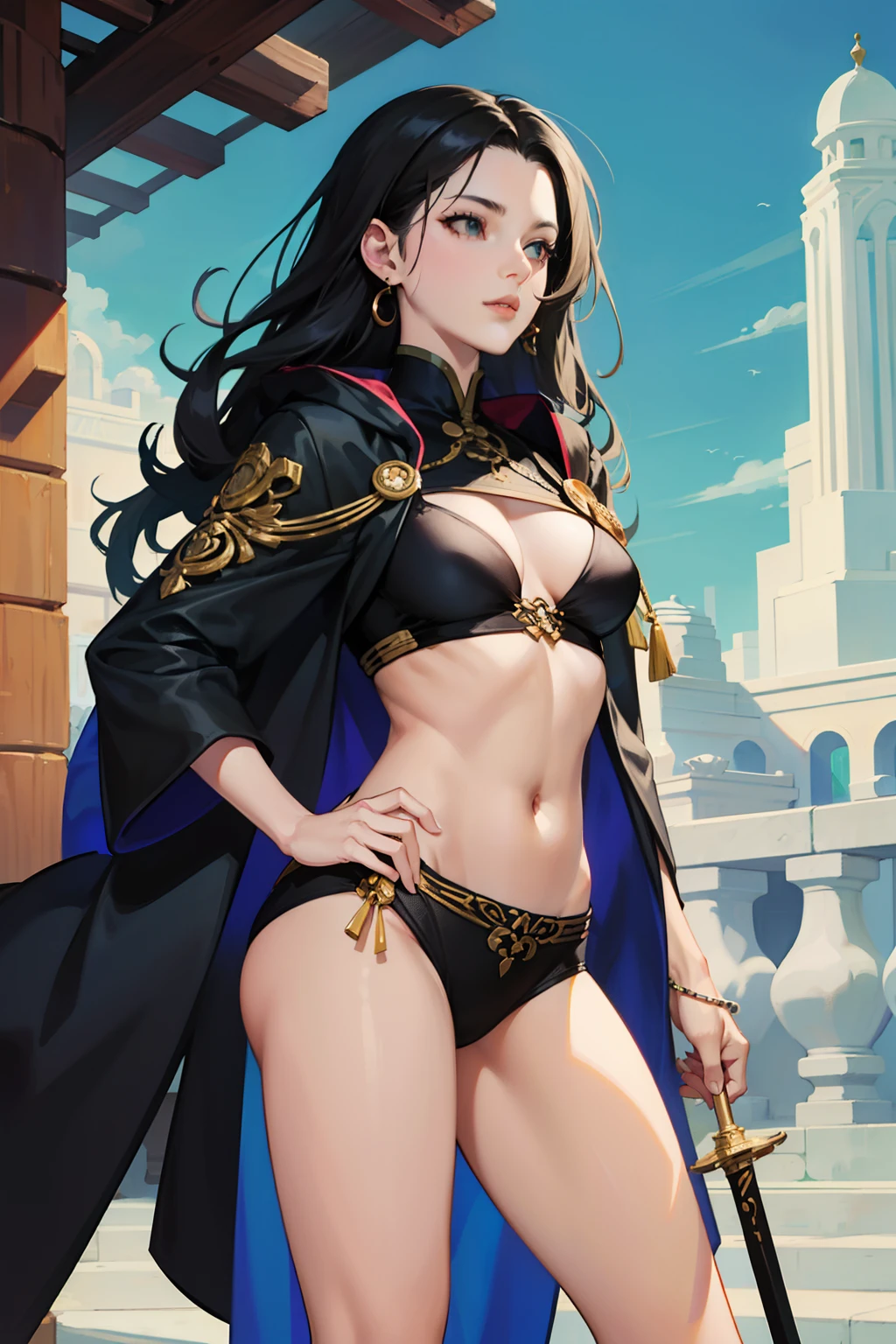arte rica em detalhes,1mulher,Villain,deidade imortal Ming li fei,cabelos longos,cor escuro,olhos negros,usando vestes antigas femininas Xanxia.bonita,mulher determinada,voluptuosa,roupa vermelho com detalhes negros,olhar arrogante,seios grandes,sexy,corpo inteiro,standing holding a martial sword near the posts of the nine Heavens temple.