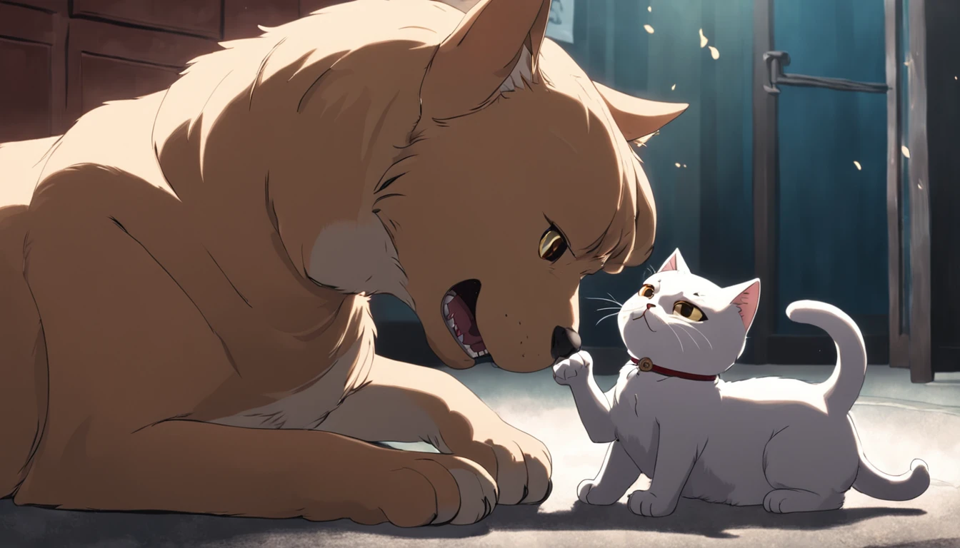 Cats and dogs fight，The cat stands up and pats the dog's head with its paw