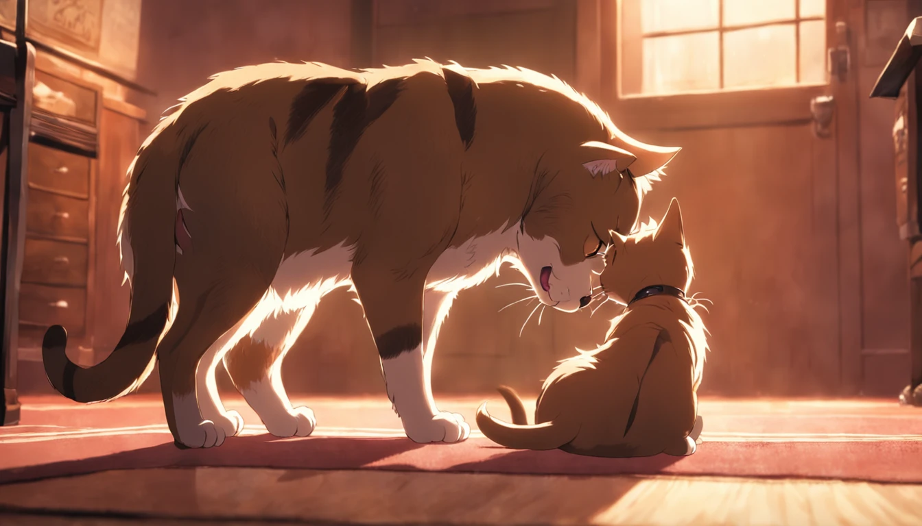 Cats and dogs fight,The cat stands up and pats the dog's head with its paw