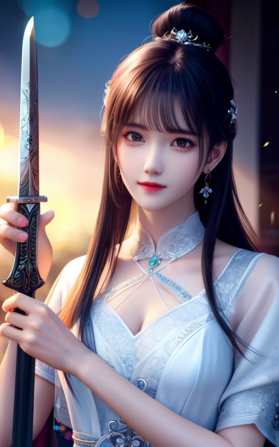 best quality,masterpiece,highres,cg,
1girl,weapon,sword,long hair,dress,water,solo,jewelry,white dress,earrings,hair ornament,splashing,upper body,hair bun,black hair,
lighting,candid,Photograph,high resolution,4k,8k,Bokeh,