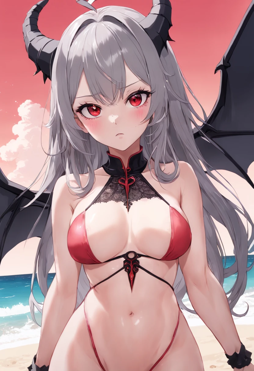 Dull hair, gray hair,Red eyes,long whitr hair,demonic horns,Lace-trimmed pink swimsuit,Adult body type,Very sexy pose,The breasts are very full,Very cute,There are demon wings behind it,8K,No missing hands,Look into the camera,Empty eyes,Dynamic,Background sandy beach