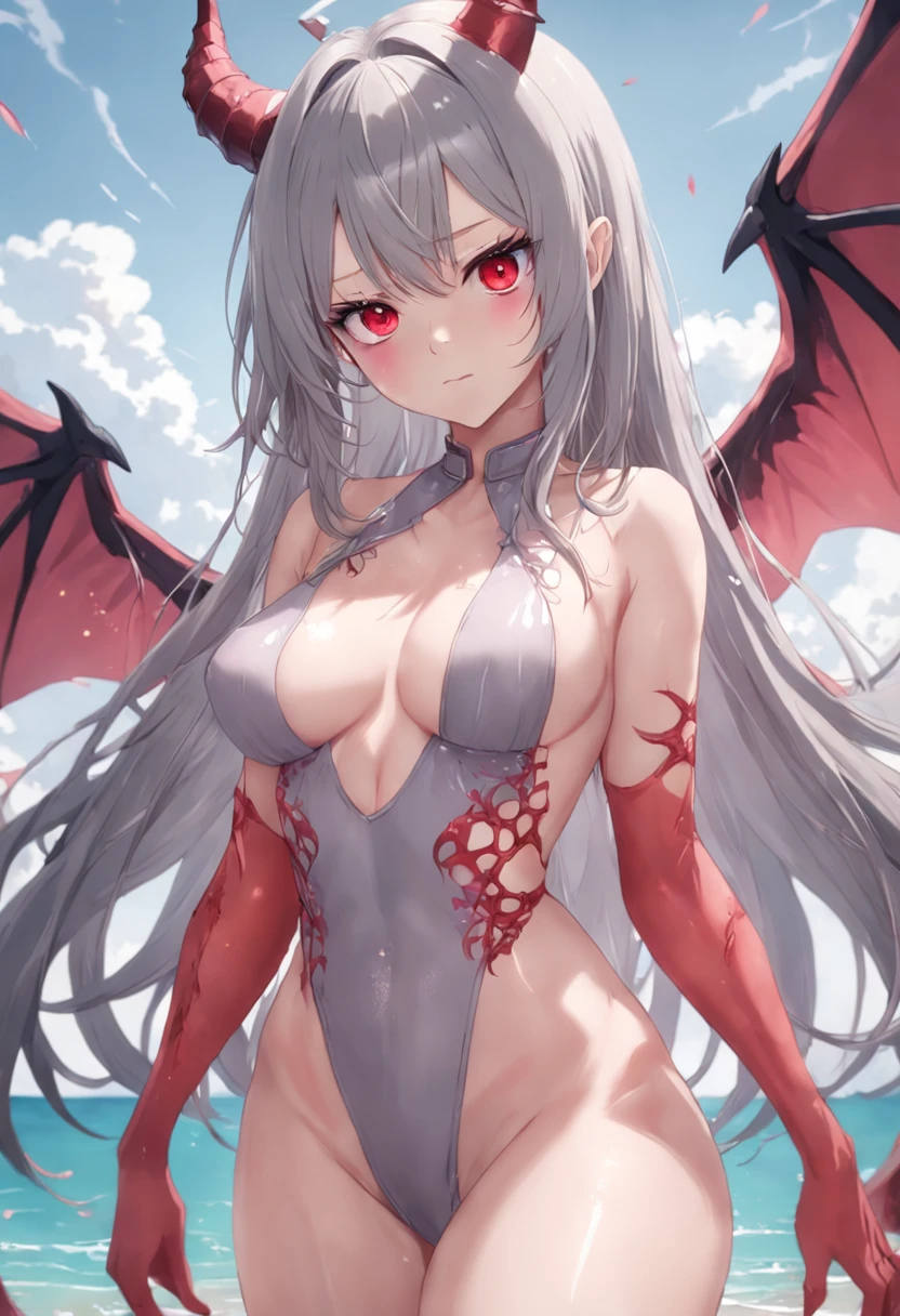 Dull hair, gray hair,Red eyes,long whitr hair,demonic horns,Lace-trimmed pink swimsuit,Adult body type,Very sexy pose,The breasts are very full,Very cute,There are demon wings behind it,8K,No missing hands,Look into the camera,Empty eyes,Dynamic,Background sandy beach
