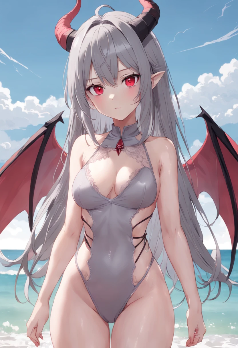 Dull hair, gray hair,Red eyes,long whitr hair,demonic horns,Lace-trimmed pink swimsuit,Adult body type,Very sexy pose,The breasts are very full,Very cute,There are demon wings behind it,8K,No missing hands,Look into the camera,Empty eyes,Dynamic,Background sandy beach
