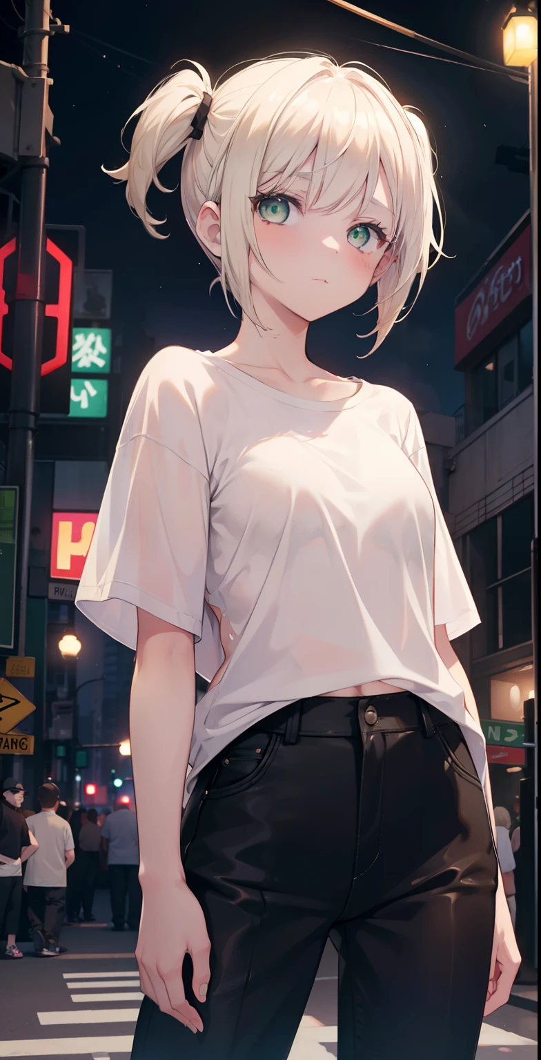 masterpiece, best quality, ????, 1girl, platinum blonde hair, short hair, green eyes, pigtails, perky small ???????, street, night, neon light, white T-shirt, braless, black pants, poker face, view frontal, standing, in the crowd,