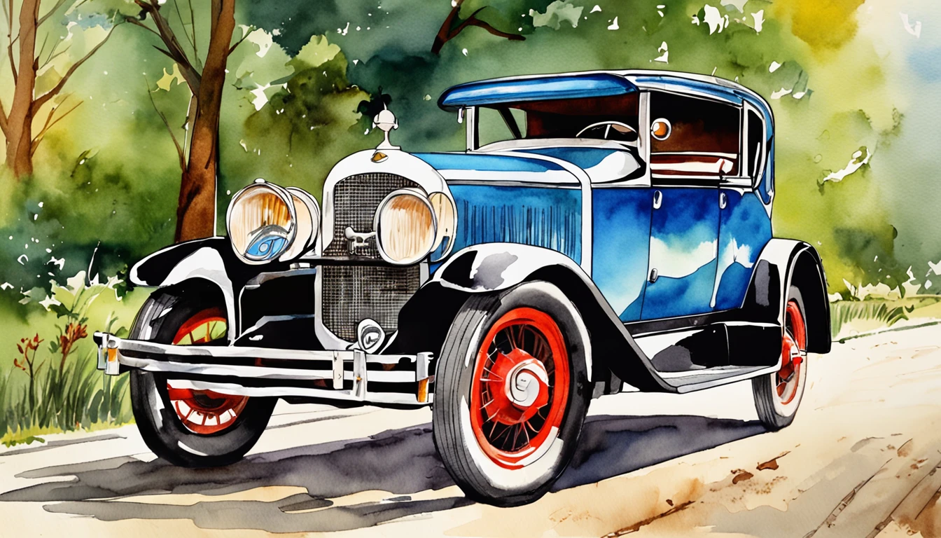 there is a cartoon old car retro futuristic parked on the side of the road, 1929, 1 9 2 8, vintage car, 1 9 3 1, 1 9 2 5, 1925, vintage cars, 1 9 3 0, 1930, 1 9 2 7, 1 9 2 4, 1924, a wide full shot. illustration. realist. 2d. mega man game style.