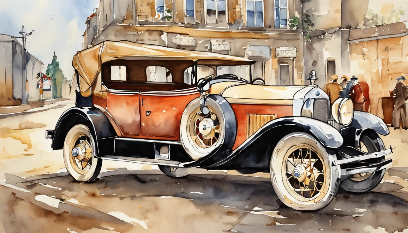 there is a cartoon old car retro futuristic parked on the side of the road, 1929, 1 9 2 8, vintage car, 1 9 3 1, 1 9 2 5, 1925, vintage cars, 1 9 3 0, 1930, 1 9 2 7, 1 9 2 4, 1924, a wide full shot.  illustration. realist. 2d. mega man game style.