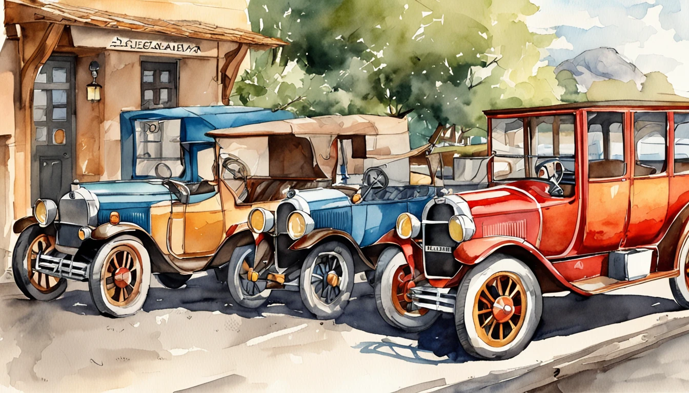 there is a cartoon old car retro futuristic parked on the side of the road, 1929, 1 9 2 8, vintage car, 1 9 3 1, 1 9 2 5, 1925, vintage cars, 1 9 3 0, 1930, 1 9 2 7, 1 9 2 4, 1924, a wide full shot. illustration. realist. 2d. mega man game style.