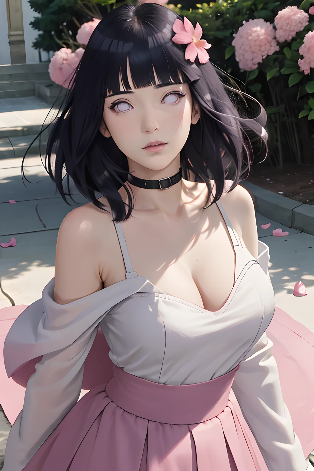 masterpiece, absurdres, hinata\(boruto\), 1girl, solo,mature female, off-shoulder, bra strap, high waist short skirt, looking at viewer, (falling petals), perfect composition, detailed lips, big breast, beautiful face, body propotion, blush, (pink lips), long hair, purple eyes, soft gaze, super realistic, detailed, photoshoot, realistic face and body,