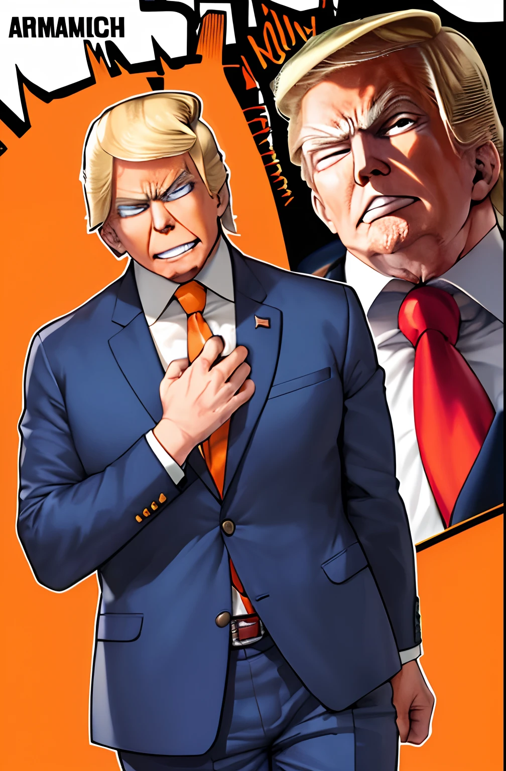 horikoshi kouhei, 1boy, absurdres, donald trump, all might, evil smirk, blonde hair, orange skin, business suit, white suit, blurry, blurry background, boku no hero academia, chama kou, highres, looking away, male focus, muscular, muscular male, twitter username, wiping sweat,