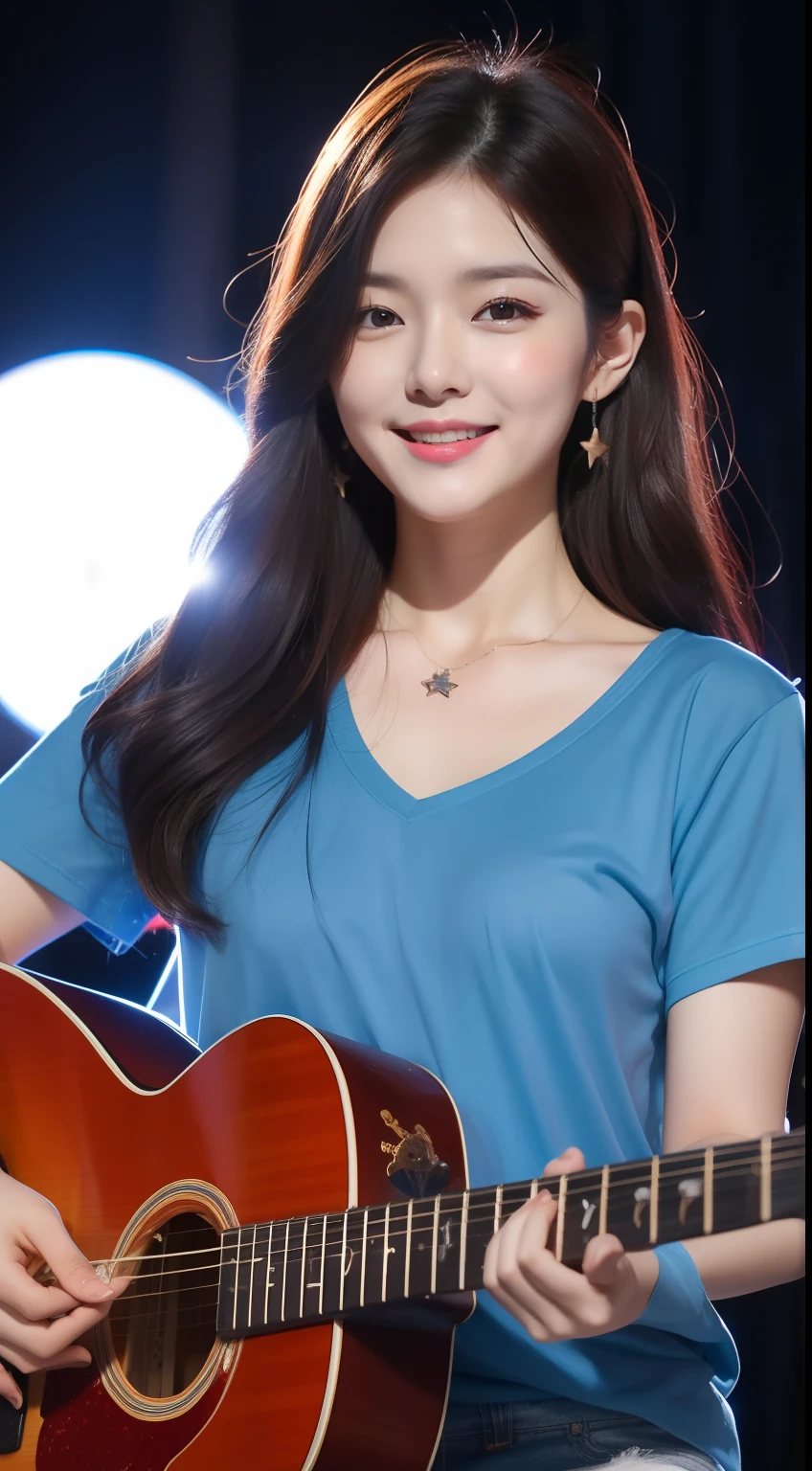 realistic photos of 1 cute Korean star, curtained hair, white skin, thin makeup, 32 inch breasts size, slightly smile, wearing blue v-neck t-shirt, pants, playing guitar, at the fun fair, night, upper body portrait, UHD