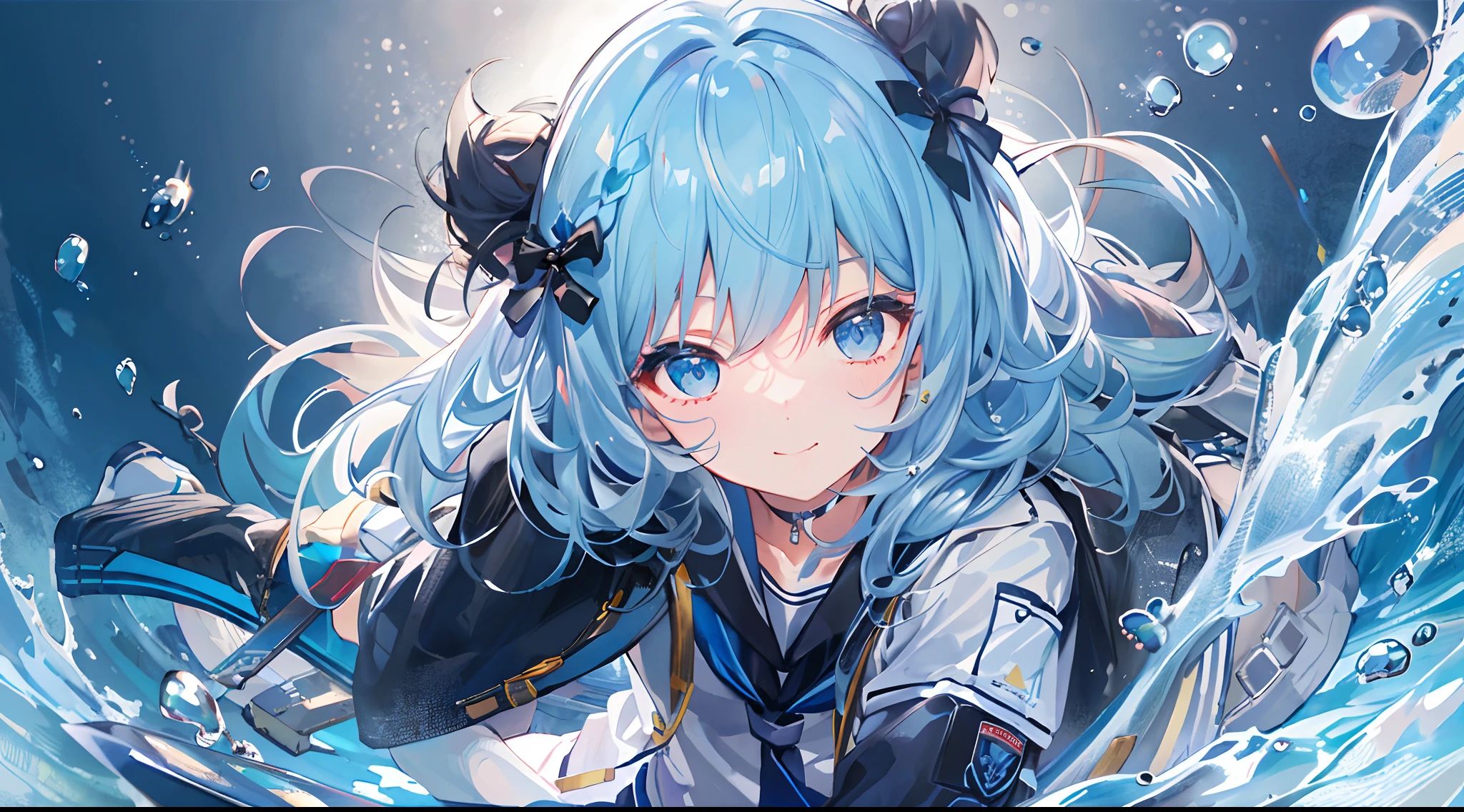((top-quality)), ((masterpiece)), ((ultra-detailliert)), (extremely delicate and beautiful), girl with, 独奏, cold attitude,((Black jacket)),She is very(relax)with the(Settled down)Looks,A dark-haired, depth of fields,evil smile,Bubble, under the water, Air bubble,bright light blue eyes,Inner color with light blue hair and dark blue tips,Cold background,Bob Hair - Linear Art, shortpants、knee high socks、White uniform like school uniform、Light blue ribbon ties、Clothes are sheer、Hands in pockets