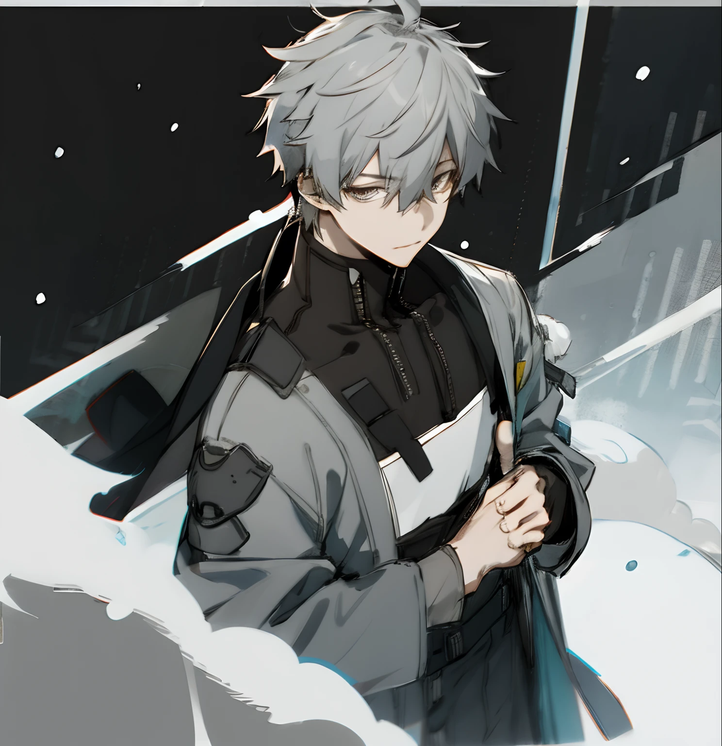 1 boy, gray hair, gray eyes, city, reference, Anime boy, digital sketch, highest quality digital art, snow, trash