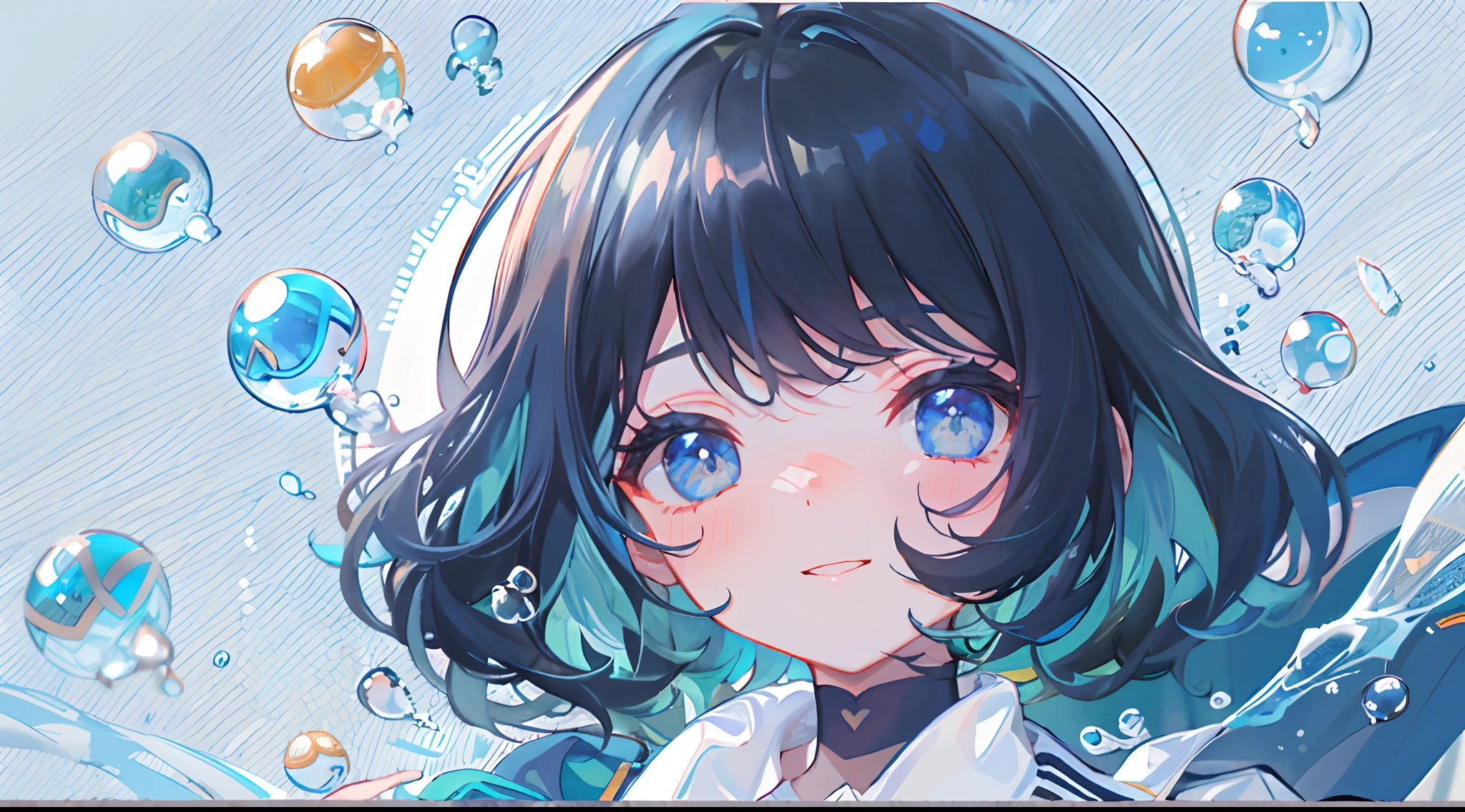 ((top-quality)), ((masterpiece)), ((ultra-detailliert)), (extremely delicate and beautiful), girl with, 独奏, cold attitude,((Black jacket)),She is very(relax)with the(Settled down)Looks,A dark-haired, depth of fields,evil smile,Bubble, under the water, Air bubble,bright light blue eyes,Inner color with light blue hair and dark blue tips,Cold background,Bob Hair - Linear Art, shortpants、knee high socks、White uniform like school uniform、Light blue ribbon ties、Clothes are sheer、Hands in pockets