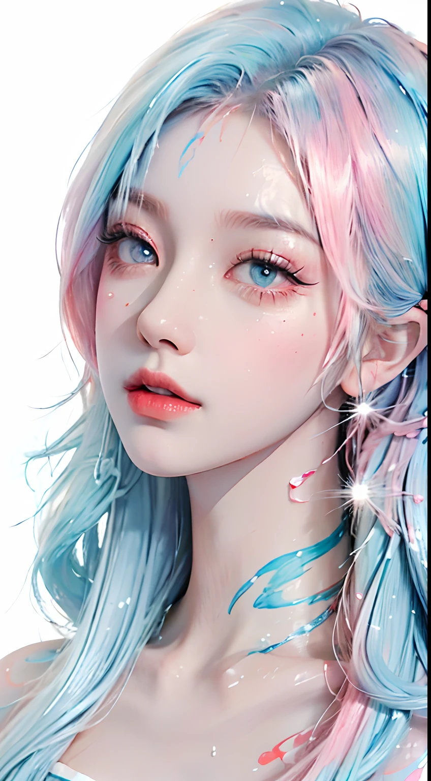 (Masterpiece, Best Quality, High Resolution), White Background, Acrylic Paint, ((Color Splash, Splash of Ink, Color Splash)), Sweet Chinese Girl, Long Light Blue Hair, [Light Blue|Pink] Hair, Curly Hair, Glitter, Peach Lips, White Shirt, Front, Upper Body