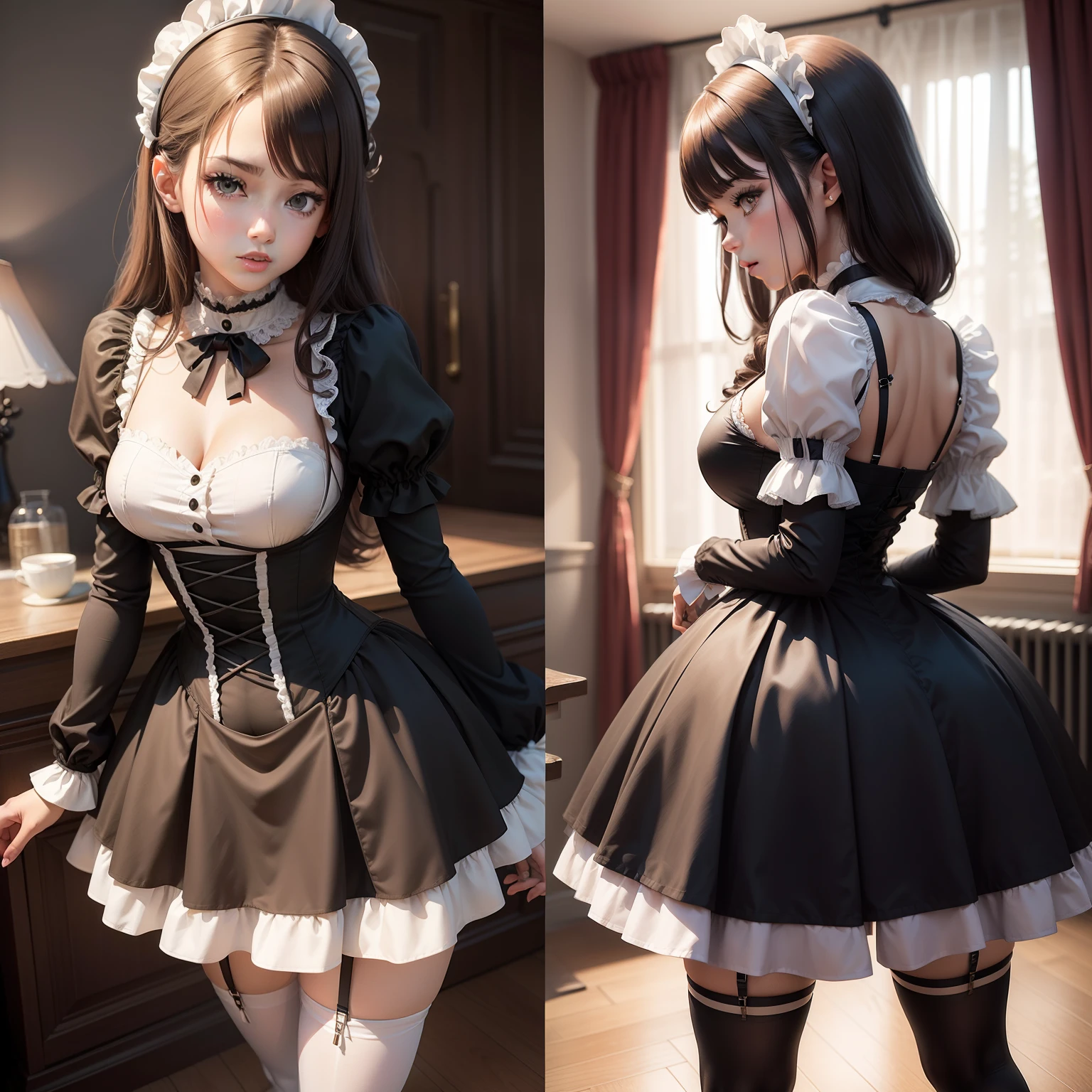 Anime maid girl, cute maid outfit, corseted, narrow waist, laced tight, wearing high heels