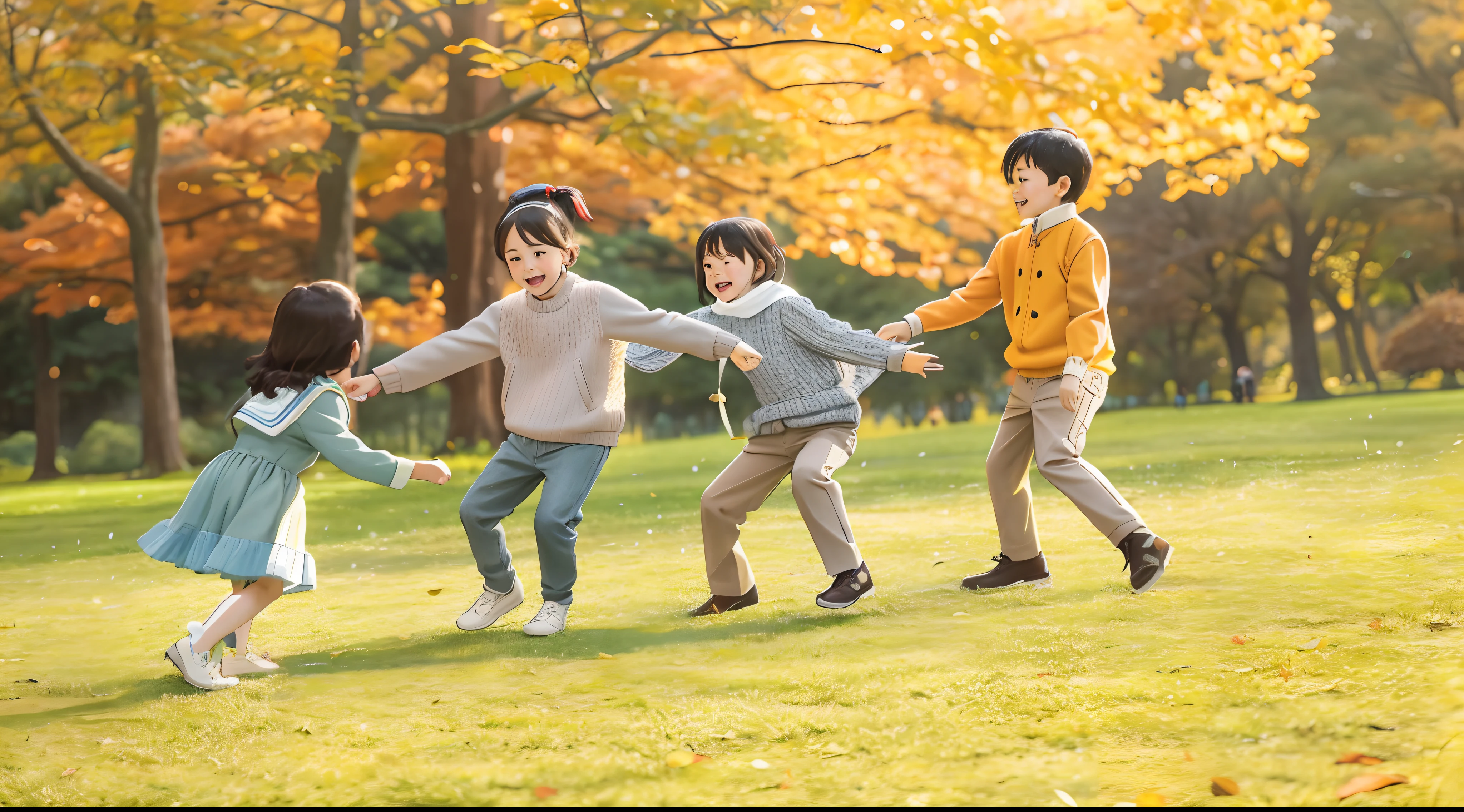 There are three children playing together in a park with trees, Kids playing, warm and joyful atmosphere, children's, fall season, is playing happily, Children, families playing, everyone having fun, um dia ensolarado, is playing happily, twirl, kid, Gamine, Award - Winning, Award-winning, adolable, fall season, Beautiful image, Brilliant